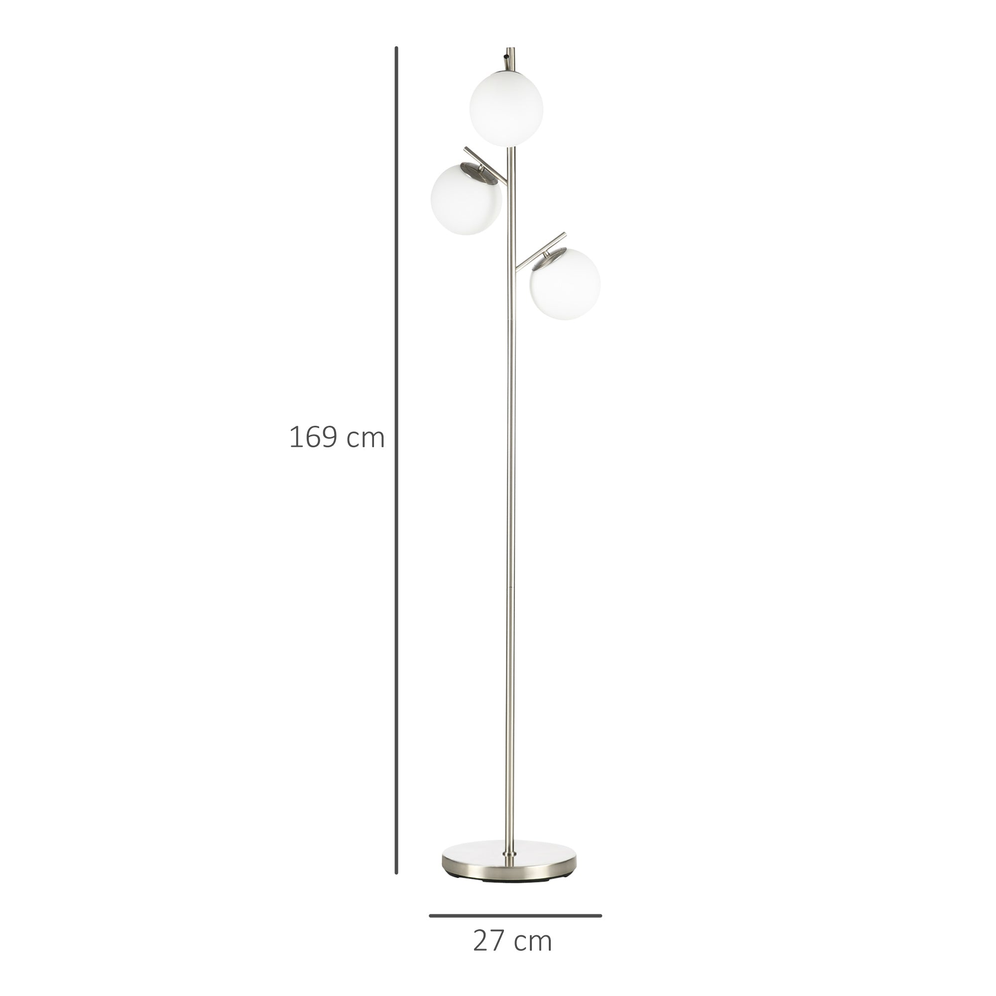 HOMCOM Stehlampe mit 3 Lampenschirmen aus Glas, E 27, Fußschalter, Silber + Weiß