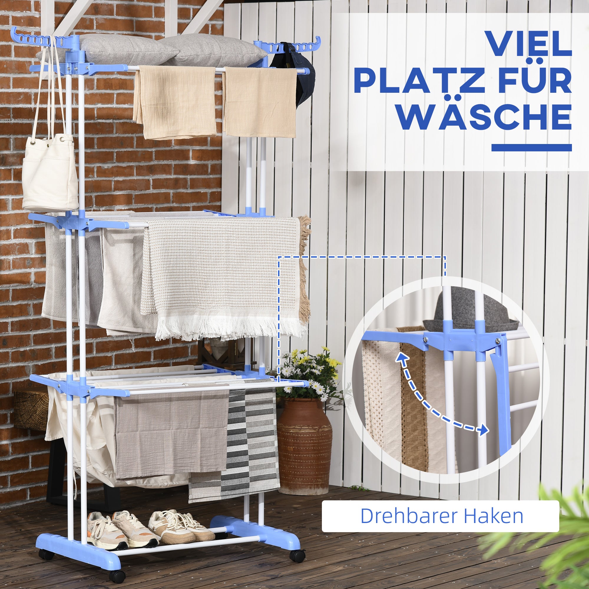 HOMCOM Wäscheständer, 4 Ebenen, klappbar, 4 Rollen mit 2 Bremsen, Metallrahmen, Blau+Weiß, 73 x 64 x 177cm