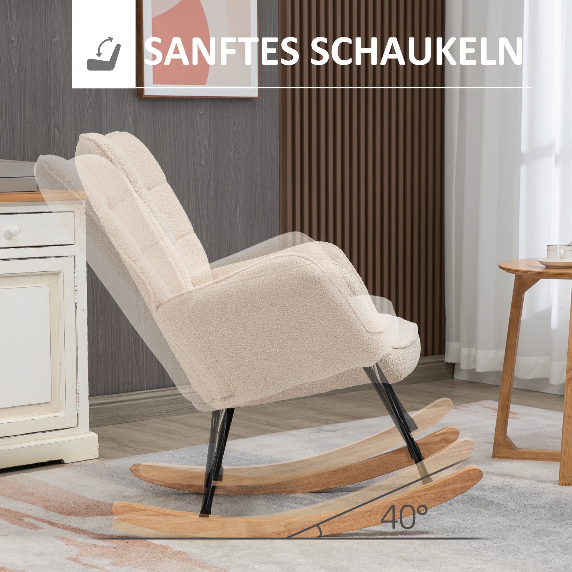 HOMCOM Schaukelstuhl im Retro-Design, Massivholz, Sessel, Relaxsessel, 98 cm x  71 cm x 101 cm, Beige