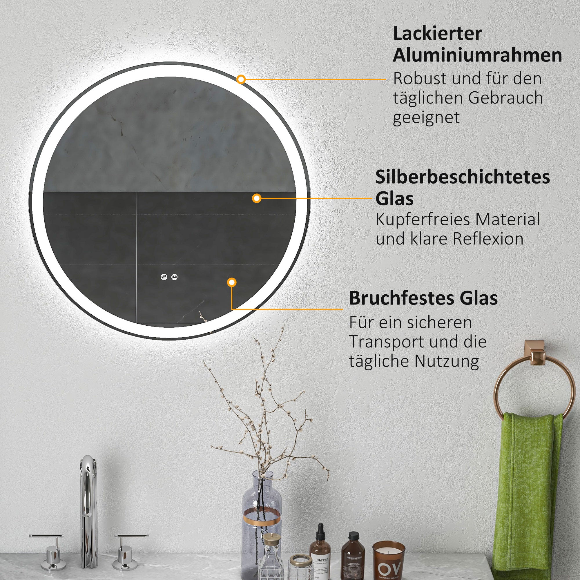 kleankin Badezimmerspiegel Badspiegel Runder Spiegel, LED- Licht, Touch-Funktion, kein Beschlagen, 60 x 60 cm