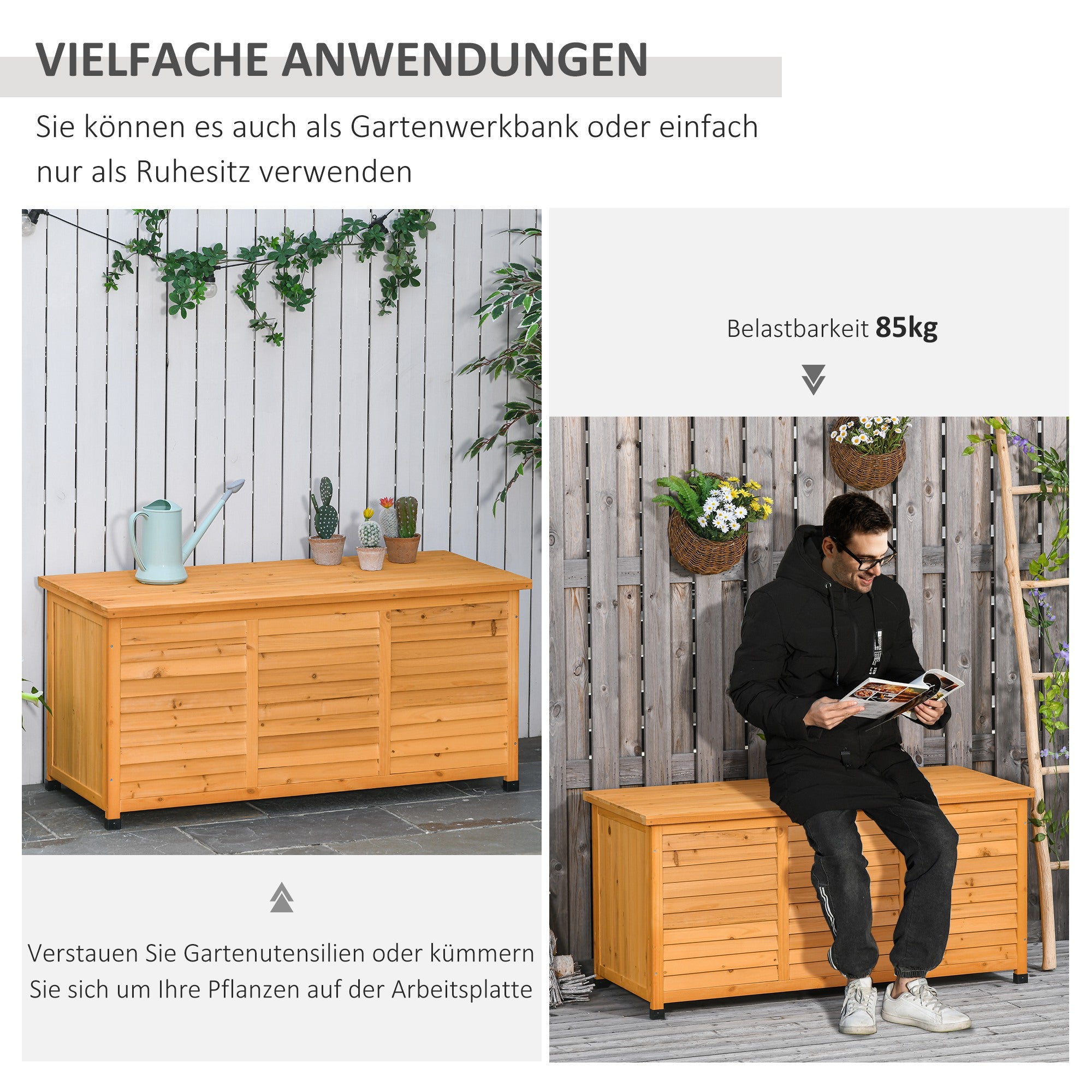 Outsunny Gartenbox, Kissenbox, Aufbewahrungsbox, Aufbewahrungsbox, Gartentruhe, wetterbeständig, Massivholz, 127 x 56 x 60 cm Gelb