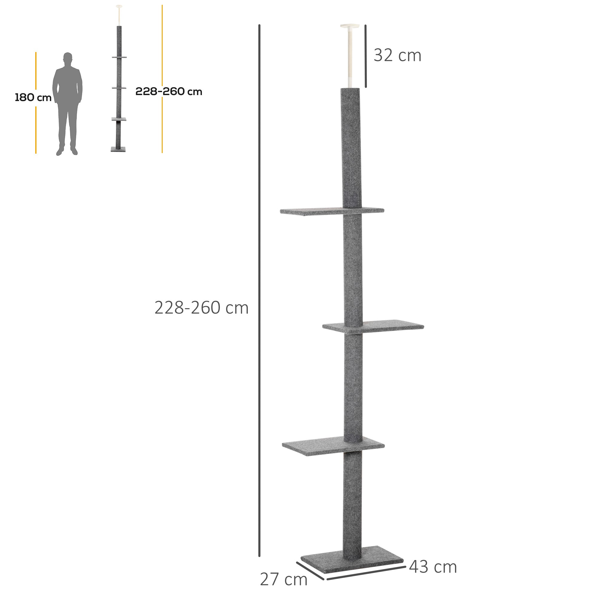 PawHut Kratzbaum Deckenhoch, 228-260 cm Höhenverstellbarer Katzenbaum Kletterbaum für Katzen mit 3 Ebenen, Katzenkratzbaum, Spielbaum vom Boden bis zur Decke Grau