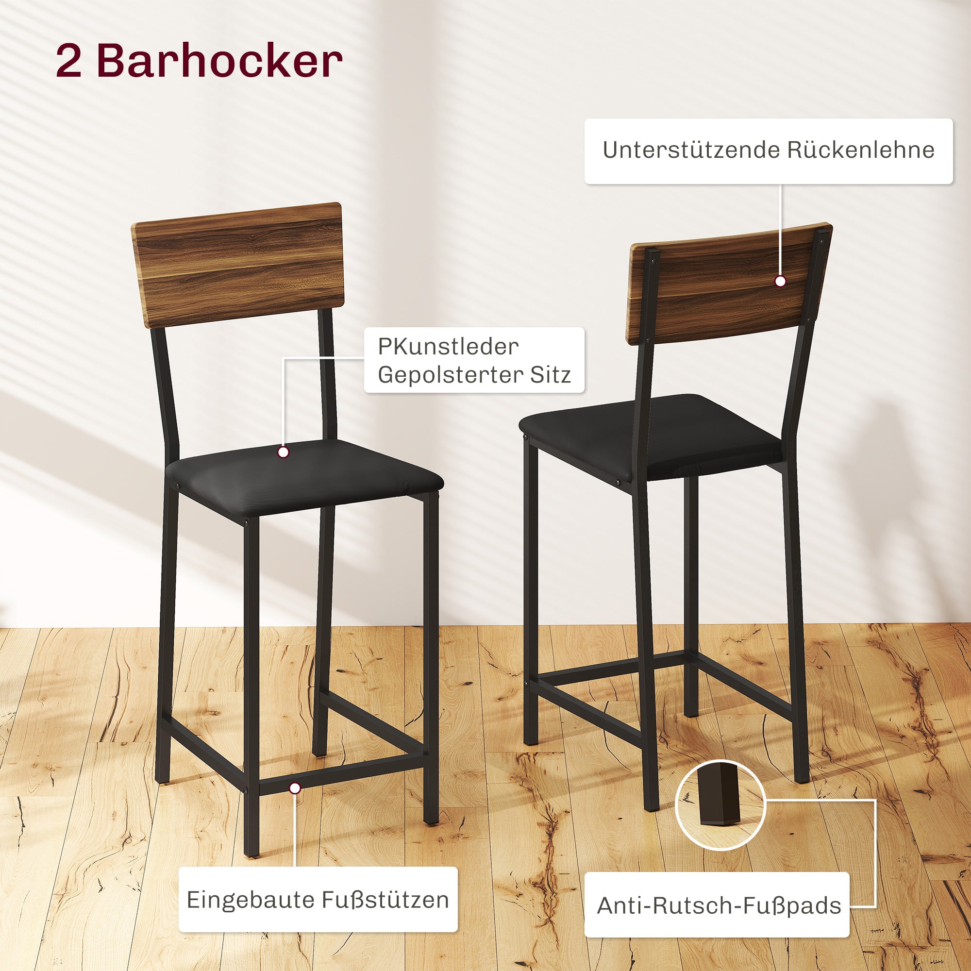 HOMCOM 3-teiliges Bartisch-Set, 1 Bartisch, 2 Stühle, mit Weinregal, Glashalter, Offene Regale, Fußstützen, Braun