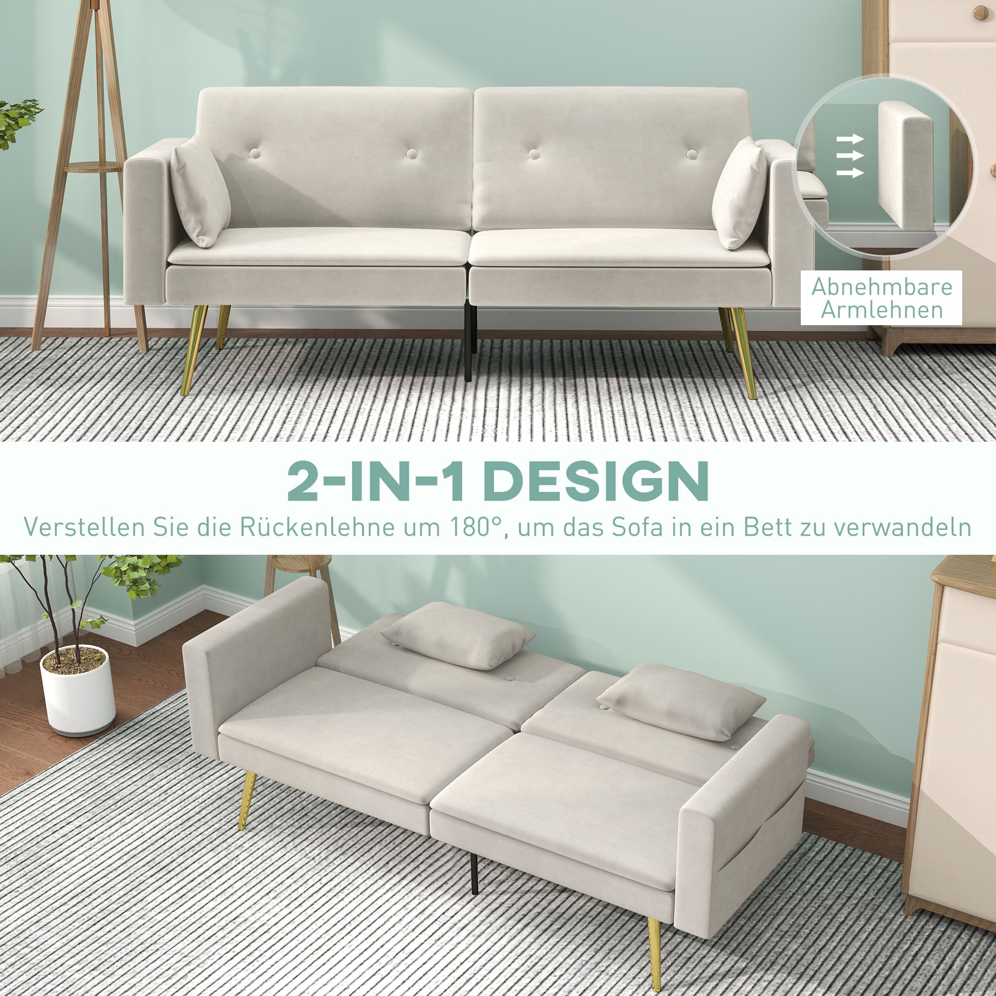 HOMCOM 2-Sitzer Bettsofa, Verstellbare Rückenlehne, weiche Kissen, samtartiger Bezug, für Wohnzimmer, Gästezimmer, Beige