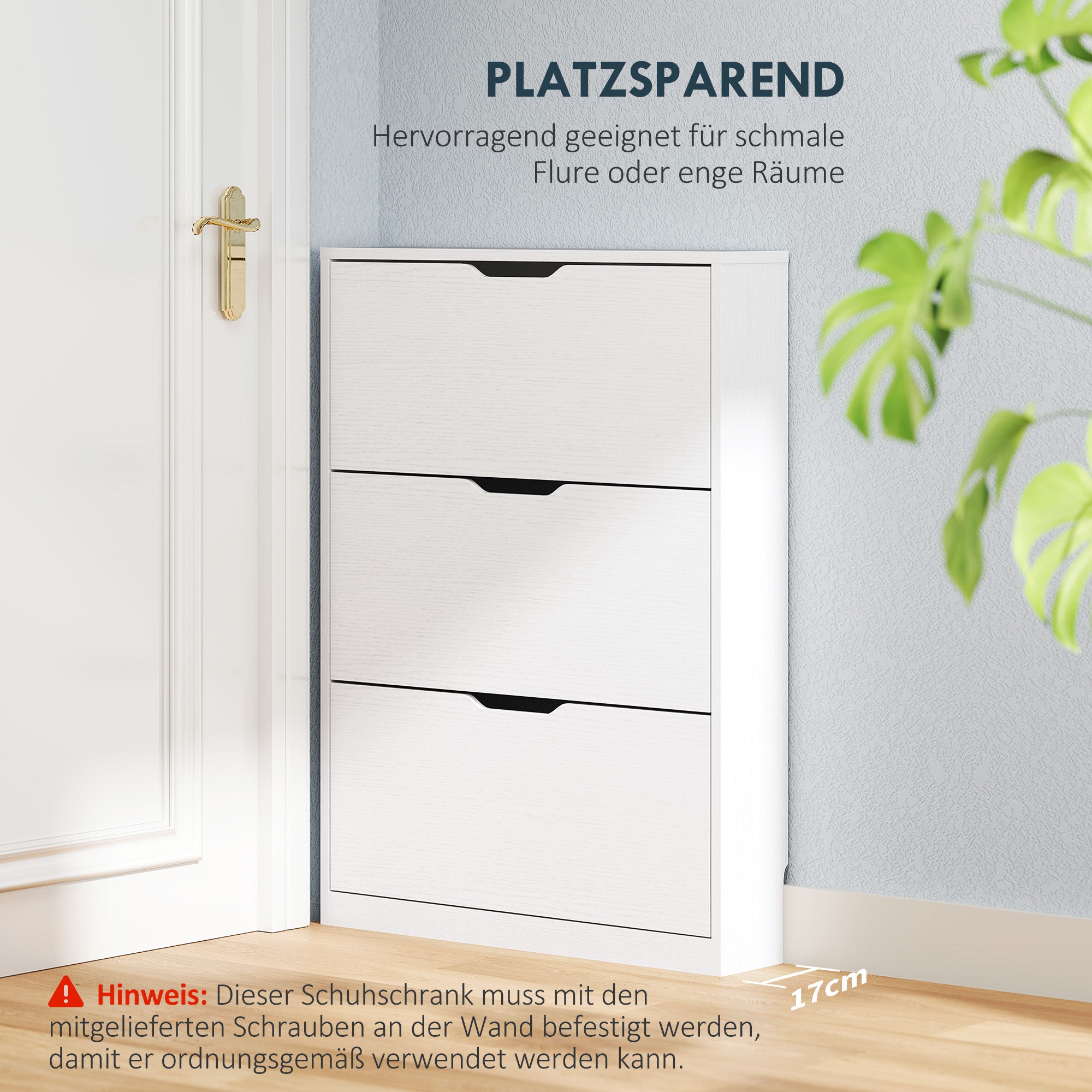 HOMCOM Schuhschrank mit 3 Klappschubladen, für bis zu 12 Paar Schuhe, Spanplatte, 80 x 17 x 108 cm, Weiß