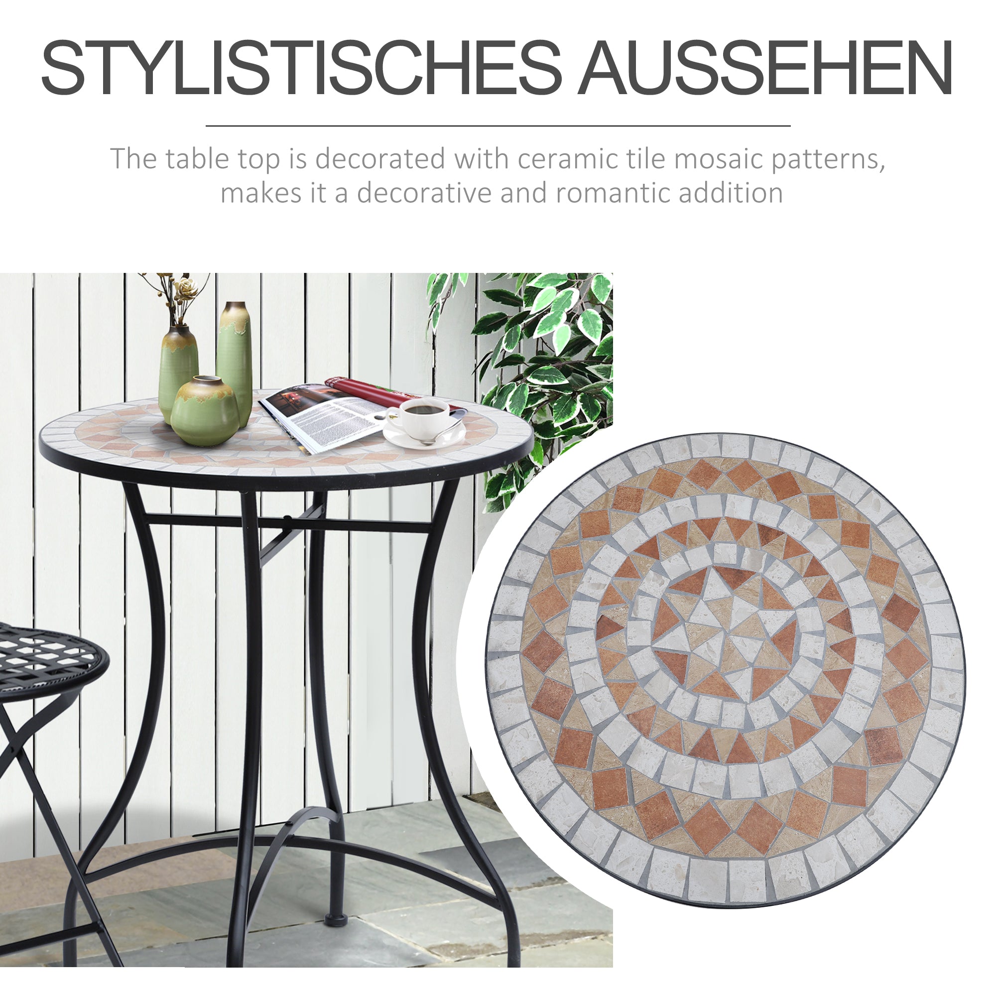 Outsunny Gartentisch Mosaiktisch Balkontisch Beistelltisch Seviertisch rund Stahl + Keramik Orange + Weiß Ø60 x H71 cm