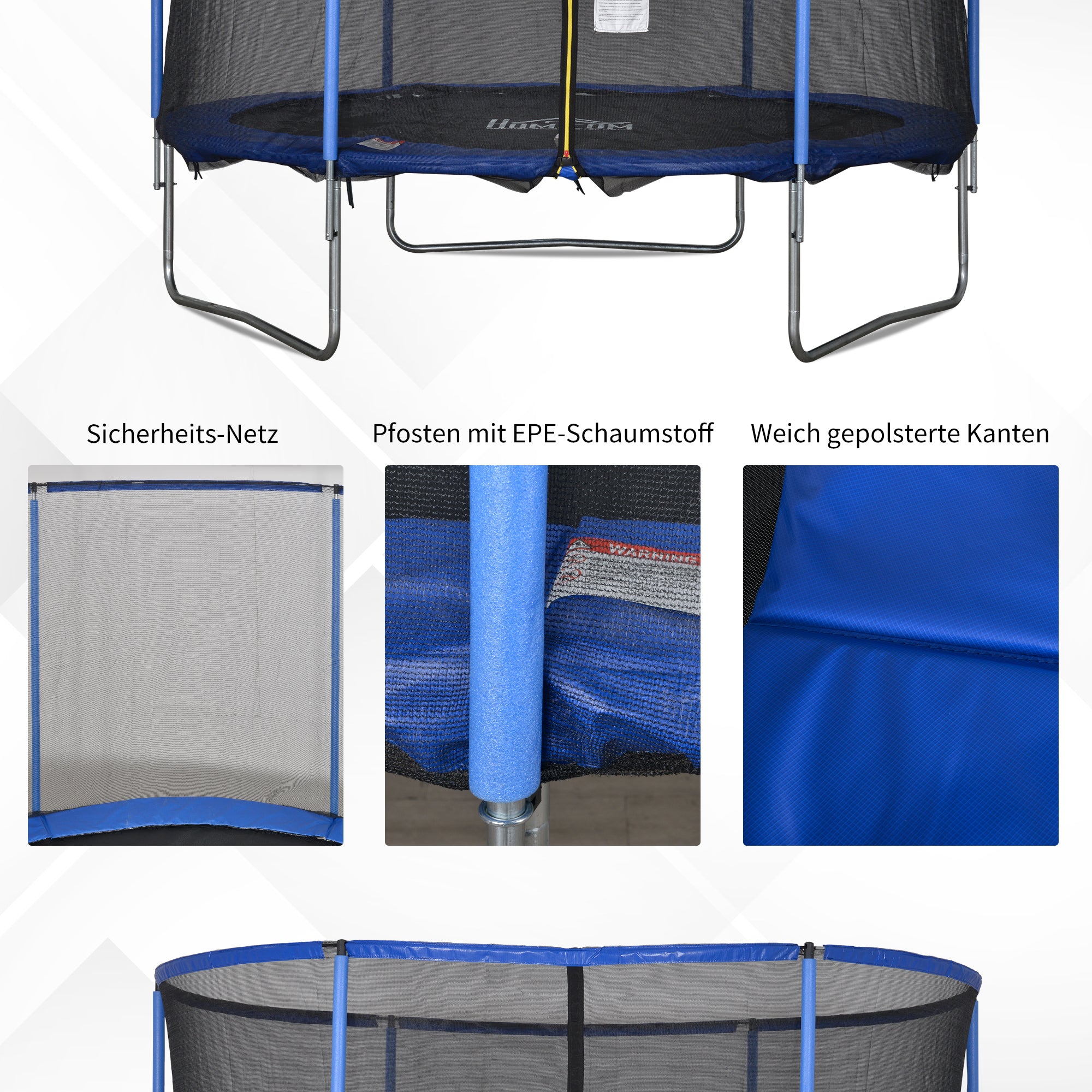 HOMCOM Trampolin mit Sicherheitsnetz Gartentrampolin für Innen- und Außenbereich Fitnesstrampolin für Kinder und Erwachsene Stahl Blau+Schwarz bis 113,6 kg Ø305 x 248H cm