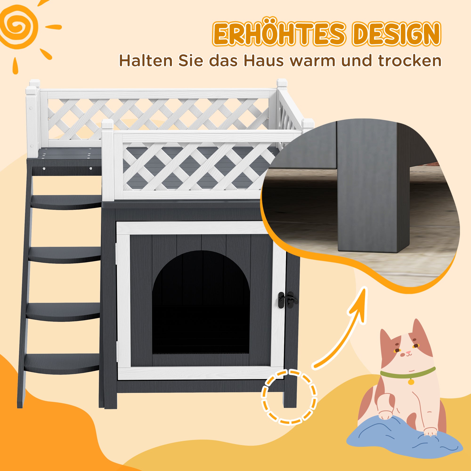 PawHut Katzenhaus, zweistöckig, mit Balkon und Treppe, für drinnen und draußen, für Katzen und Kaninchen, Tannenholz, Grau