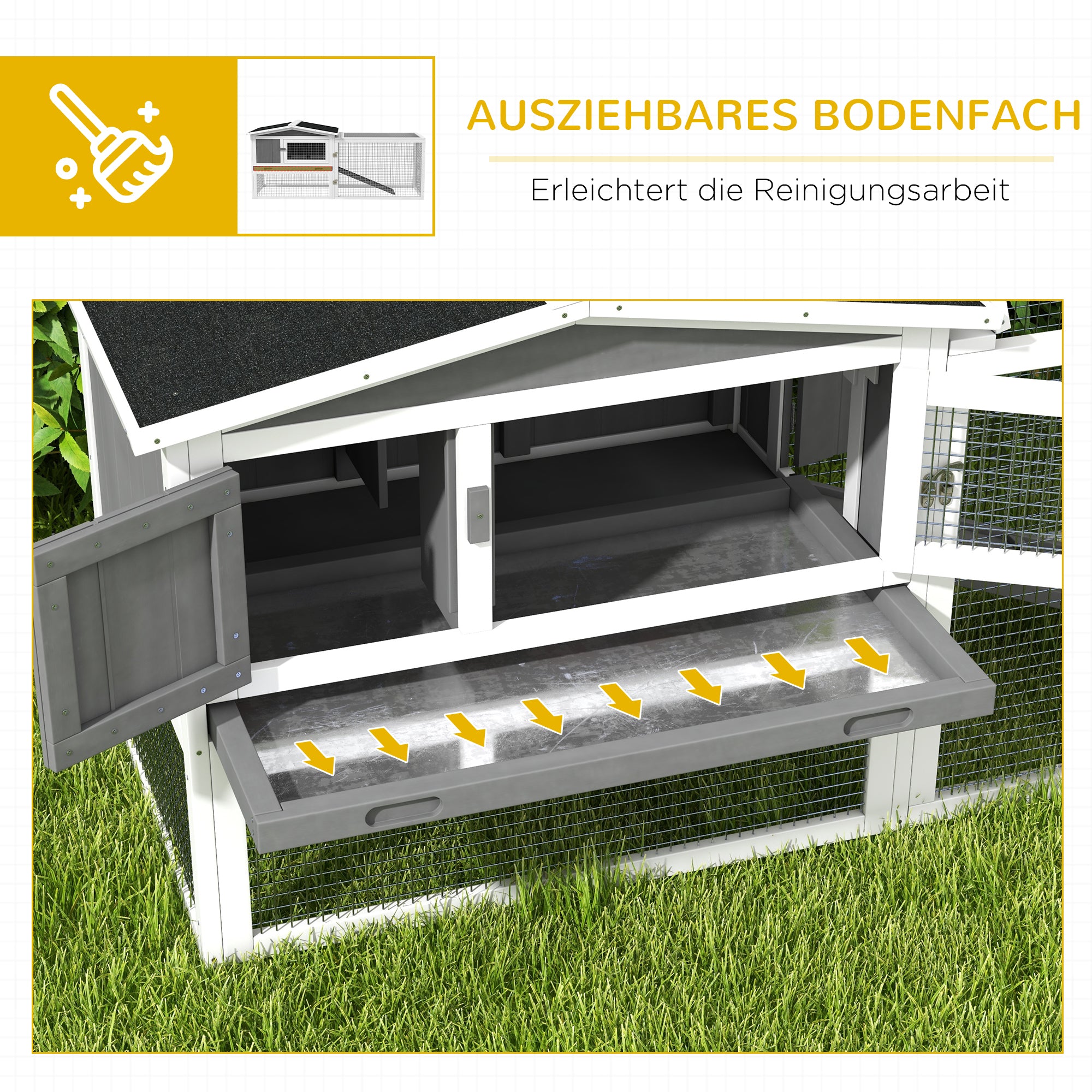 PawHut Kaninchenstall aus Tannenholz, Kleintierhaus mit Asphaltdach, Kleintiergehege, 156 x 58 x 68 cm, Hellgrau
