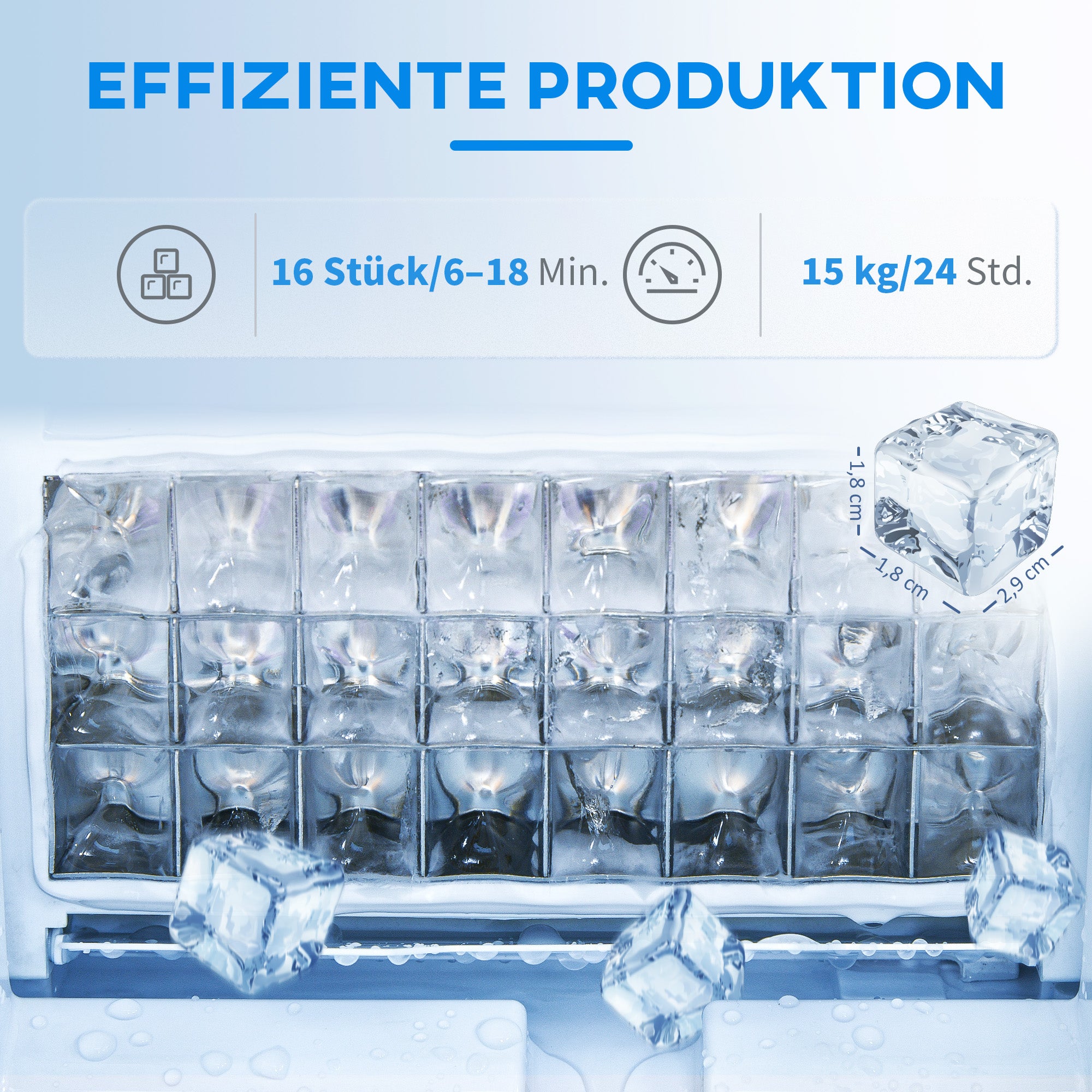 HOMCOM Eiswürfelmaschine, leiser Betrieb, kompaktes Design, mit Eiskorb, Schaufel, Schwarz