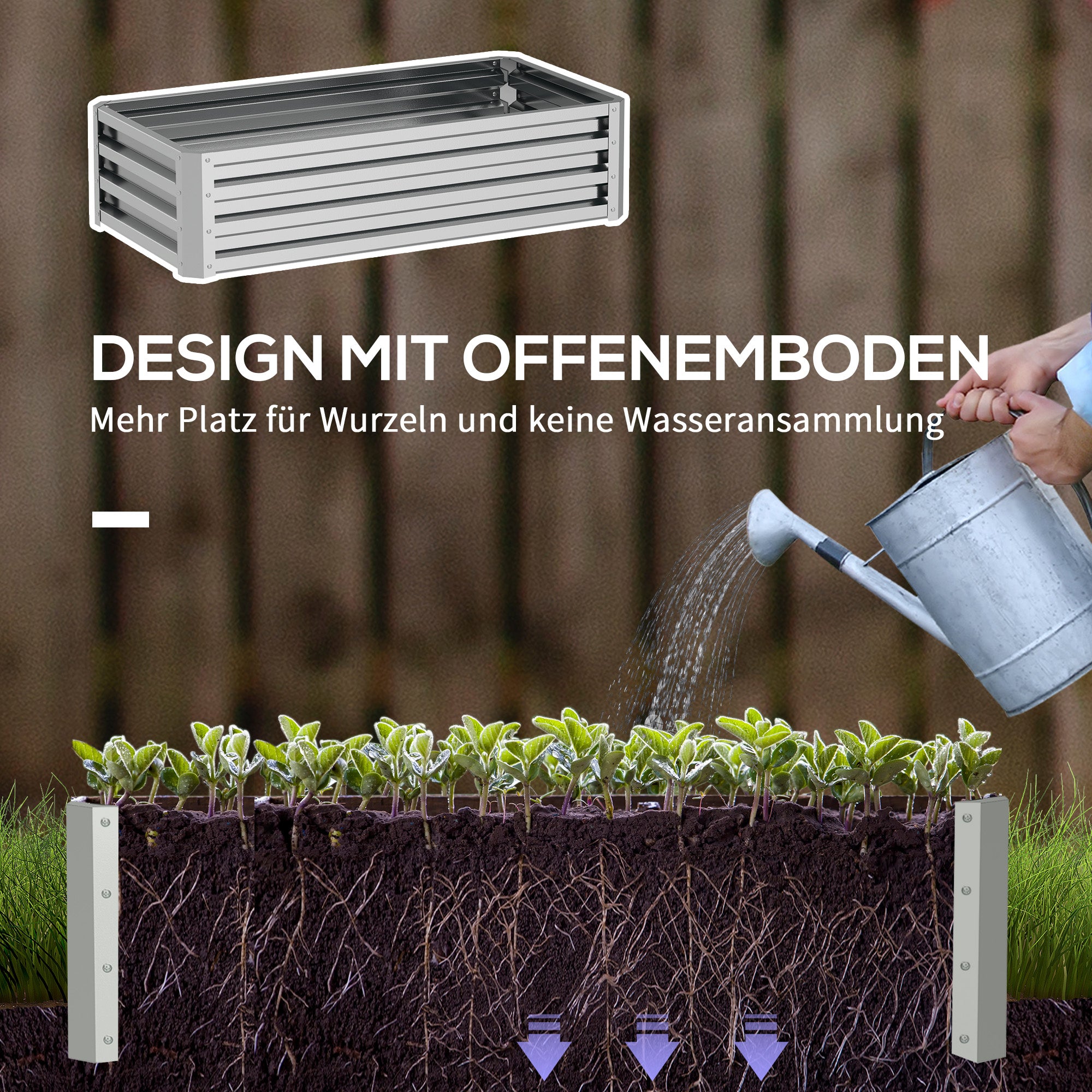 Outsunny Hochbeet Pflanzkasten, wetterbeständig, offener Boden, verzinkter Stahl, 120 cm x 60 cm x 30,5 cm, Silber