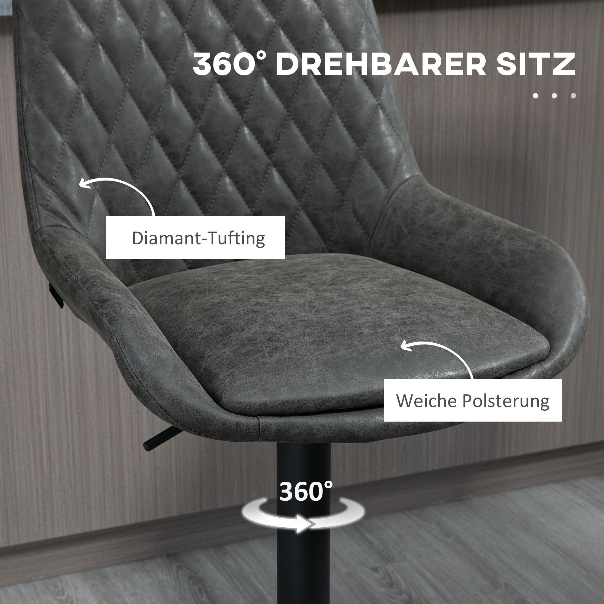 HOMCOM Barhocker Küchenhocker Designhocker, höhenverstellbar, mit Fußstütze, 51 cm x 59 cm x 117 cm, Dunkelgrau + Schwarz