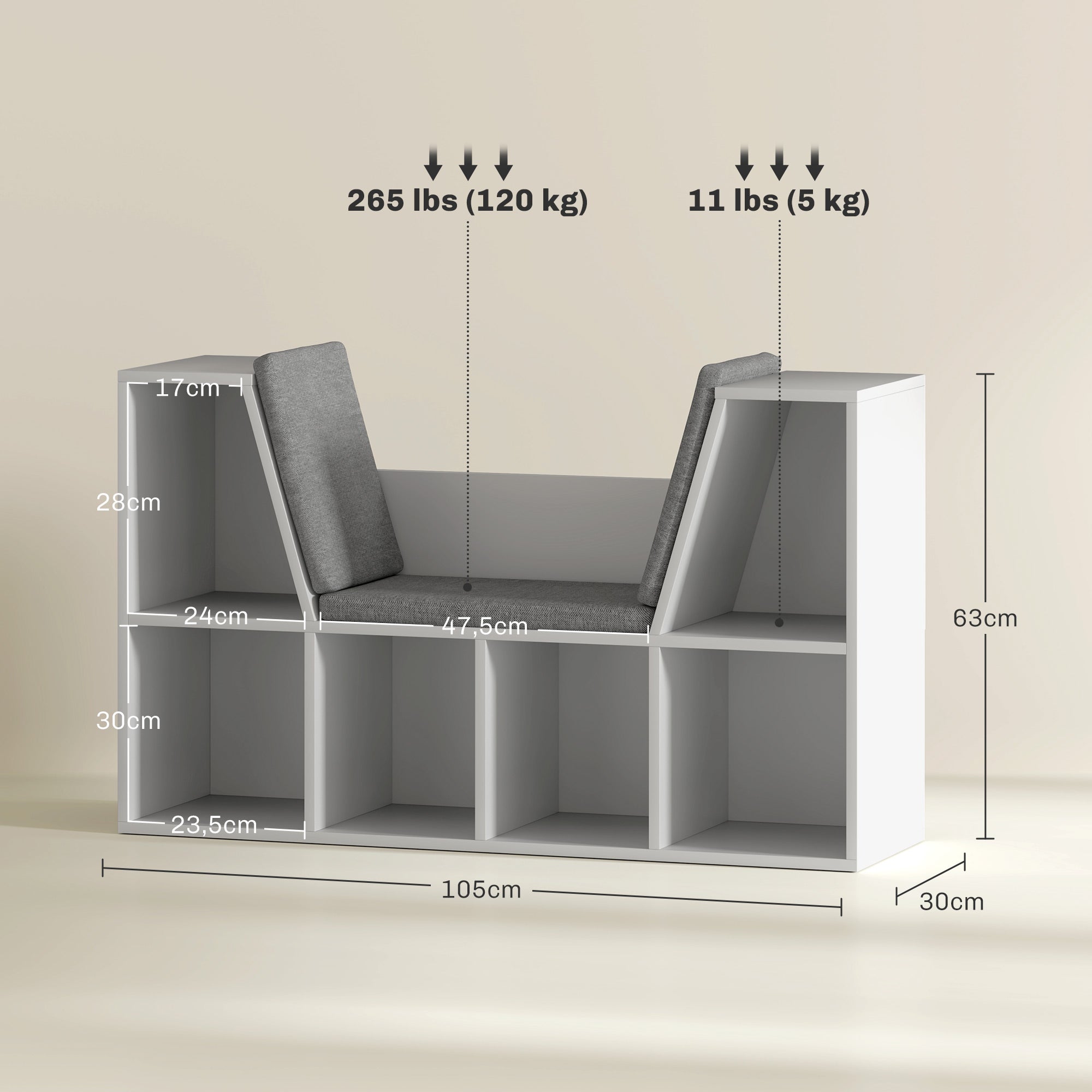 HOMCOM Bücherregal mit Sitzfläche, 6 Fächer, gepolstert, 105 x 30 x 63 cm, Weiß