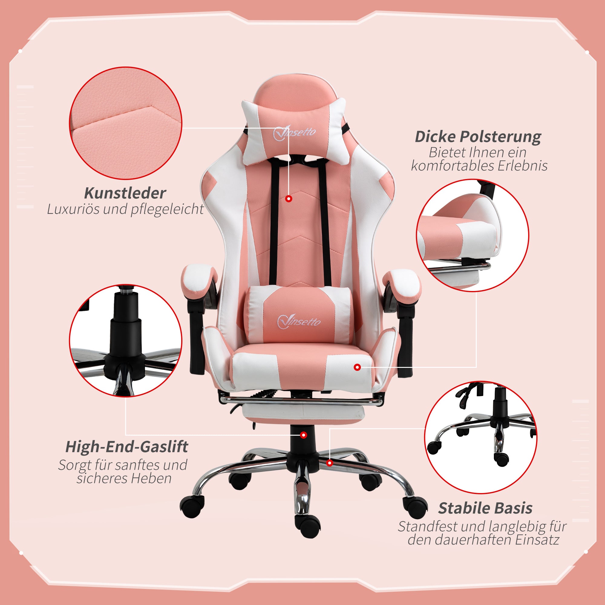 Vinsetto Gamingstuhl Computerstuhl Ergonomischer Bürostuhl Gamer Stuhl mit Kopfstütze Lendenkissen Bürostuhl höhenverstellbar 360°drehbar Schaumstoff Kunstleder PVC Rosa+Weiß 64 x 67 x 119-127 cm