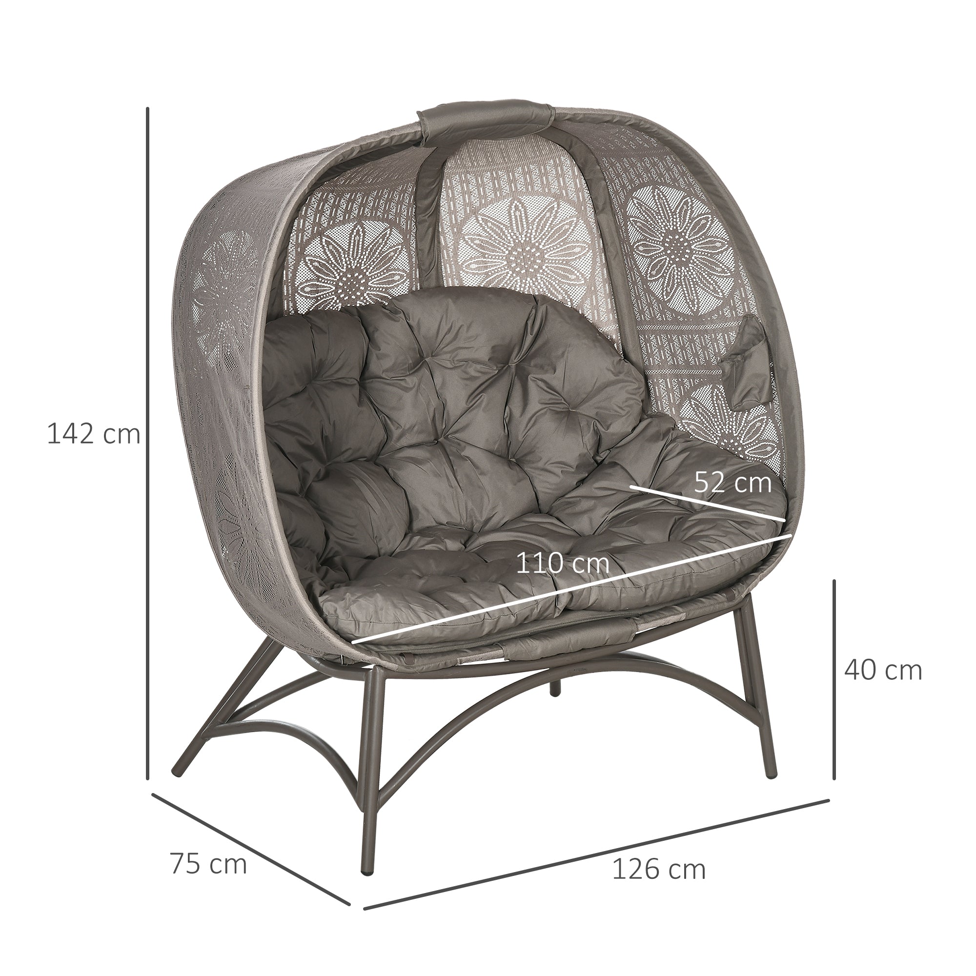 Outsunny Gartenstuhl für 2 Personen, klappbar, großes Sitzkissen, Stahlrahmen, Farbe: Sand, 126 x 75 x 142 cm