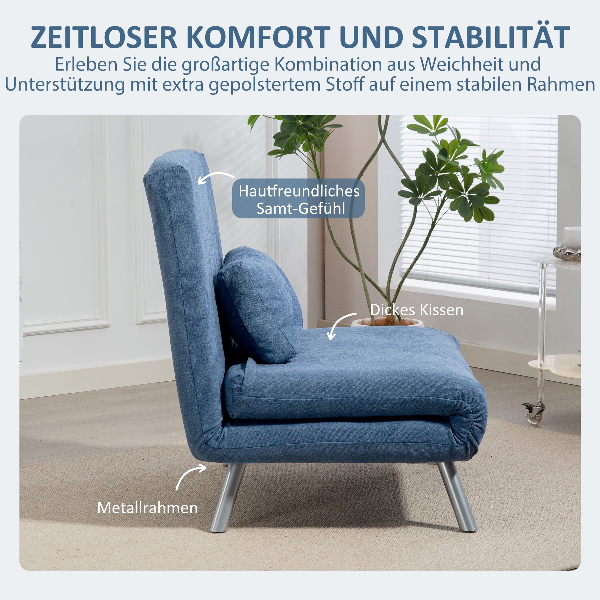 HOMCOM Polstersessel mit Bettfunktion, 2-in-1 Design, Schlafsessel, Gästebett, Stoffbezug, mit Kissen, Blau