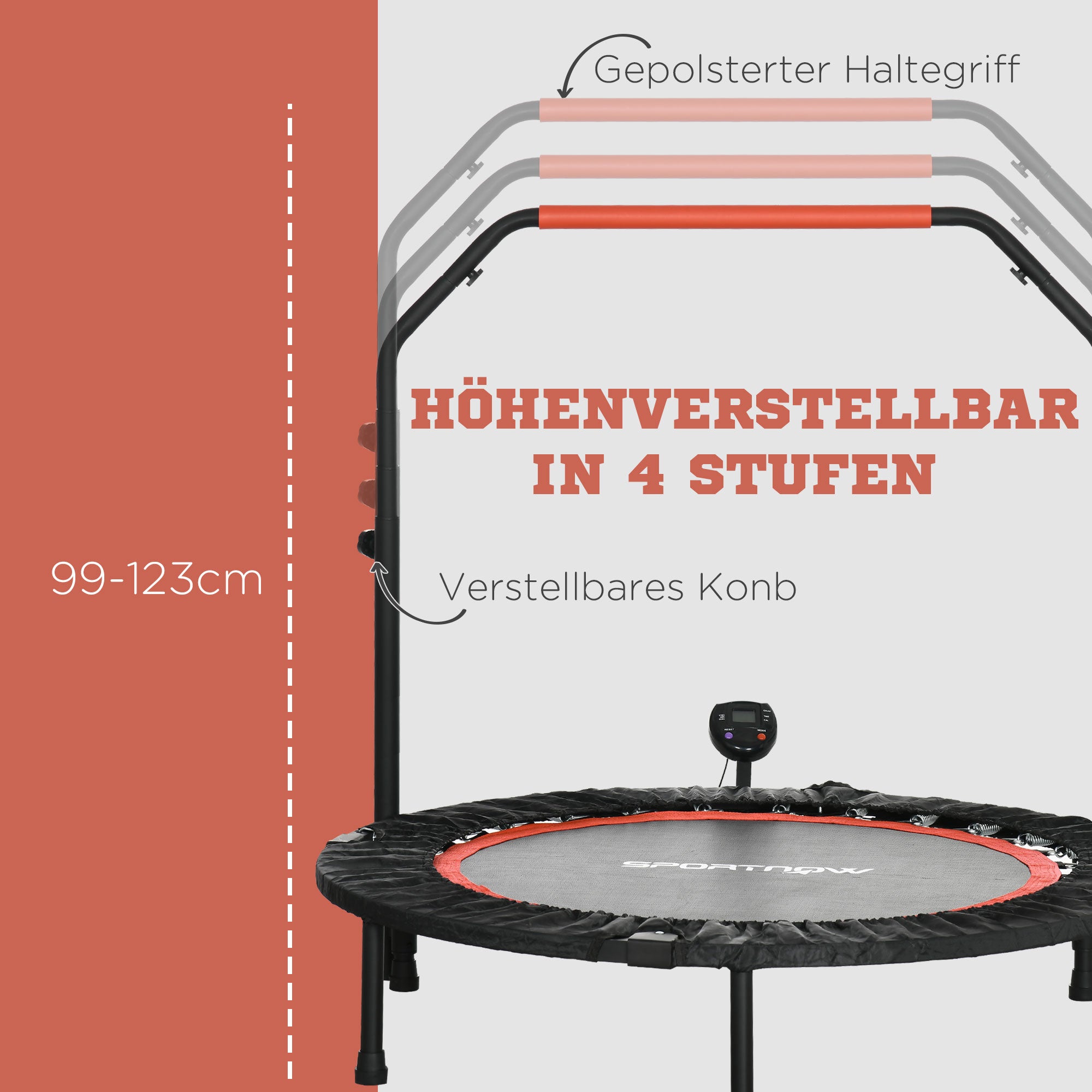 SPORTNOW Mini-Trampolin, mit höhenverstellbarem Haltegriff, LCD-Monitor, Stahl, schwarz+rot, Ø102 x 99-123cm