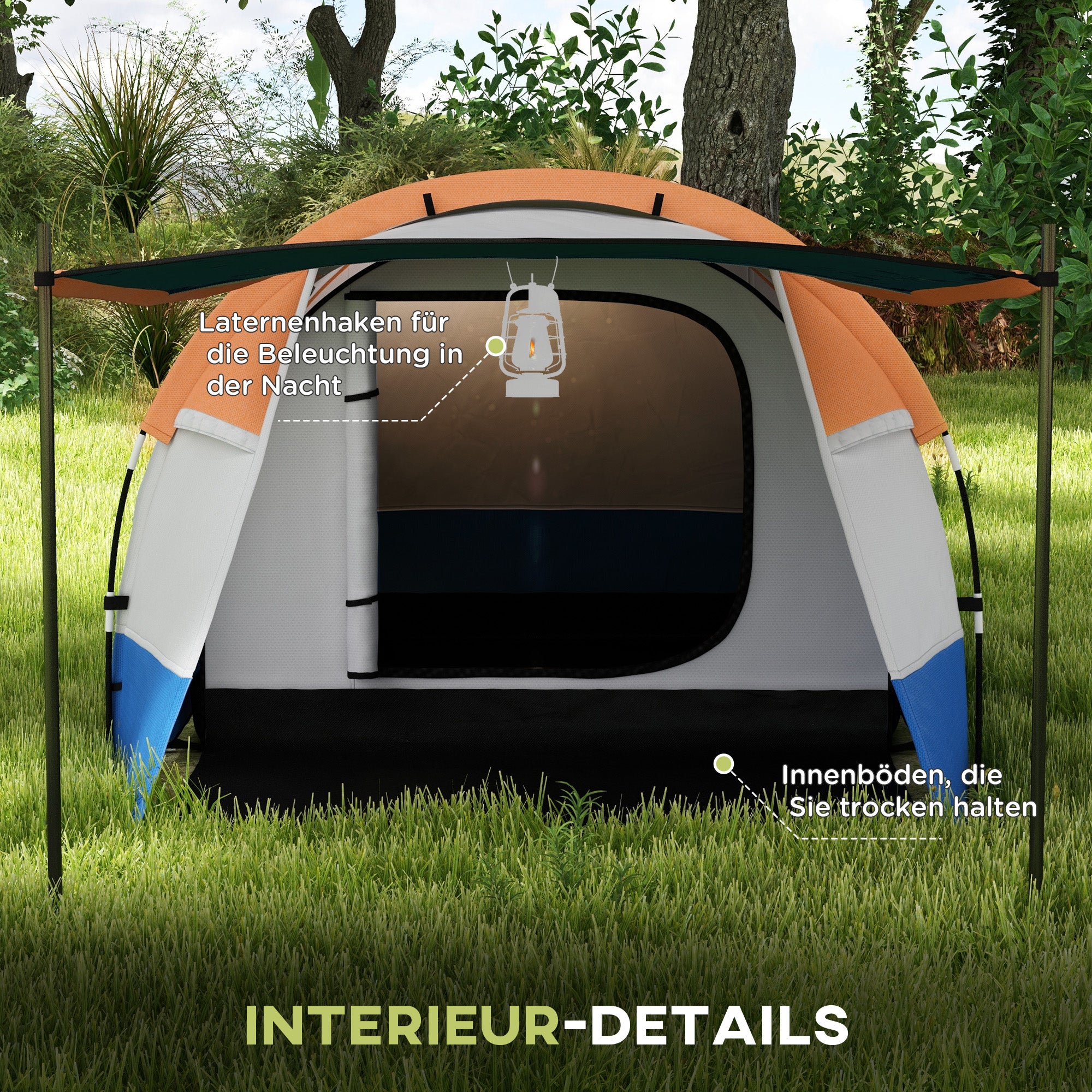 Outsunny Campingzelt, für 3 Personen, Laternenhaken, drei Eingänge, wasserdicht, Orange