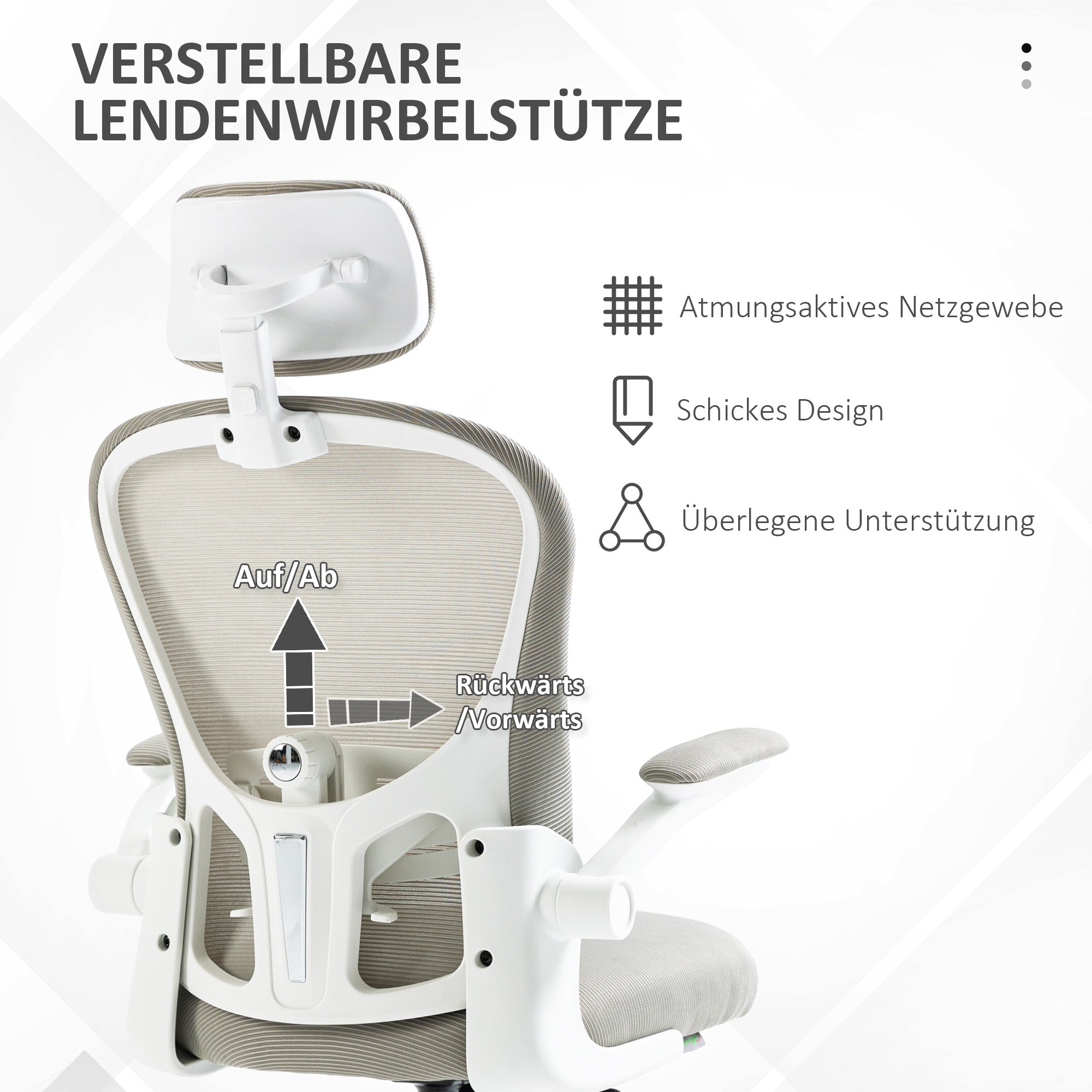 Vinsetto Bürostuhl, drehbares Kopfteil, höhenverstellbar, Nierenpolster, atmungsaktiver Bezug, bis 120kg, Grau