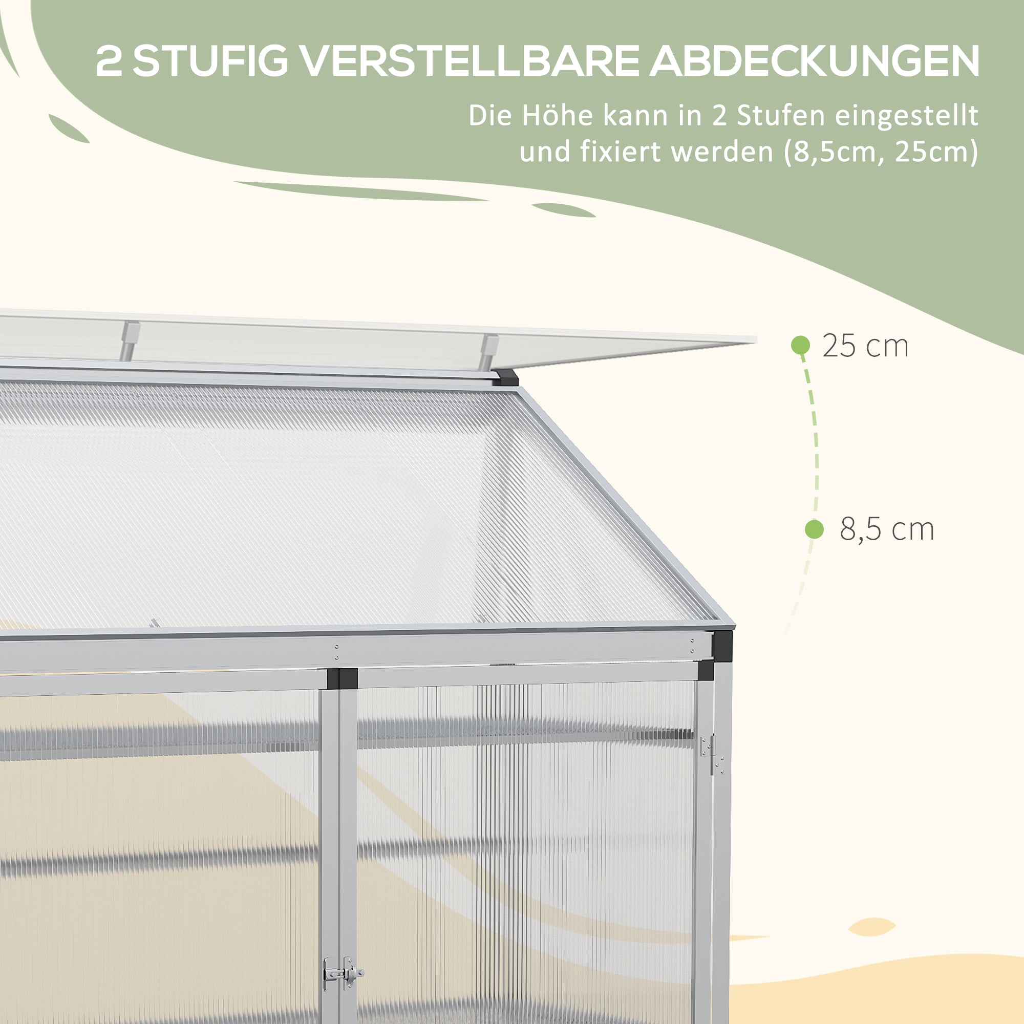 Outsunny Gewächshaus mit Fundamentrahmen, Polycarbonat-Gehäuse, 2 Regalböden, Aluminiumrahmen, 131 x 58 x 139,5 cm