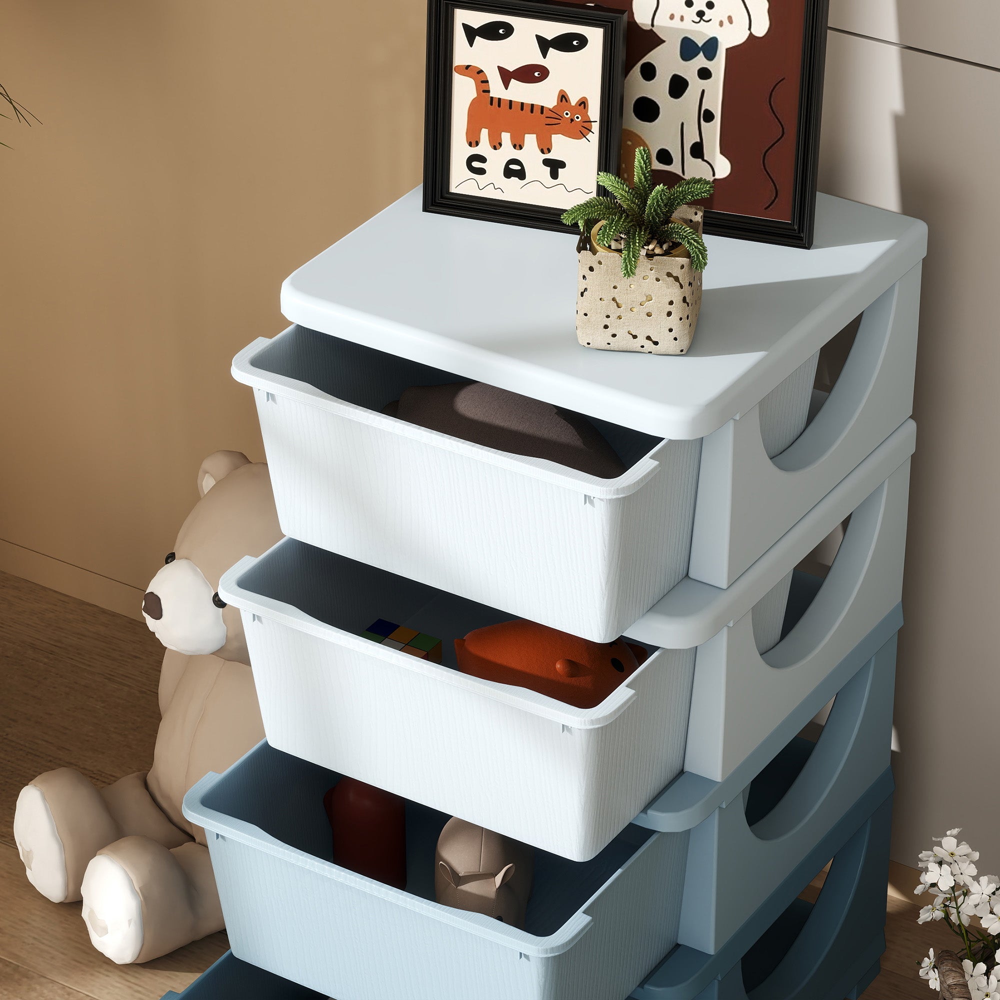 HOMCOM Aufbewahrungsboxen für Kinder, 4 Schubladen, abgerundete Kanten, erhöhtes Design, Kunststoff, Blau