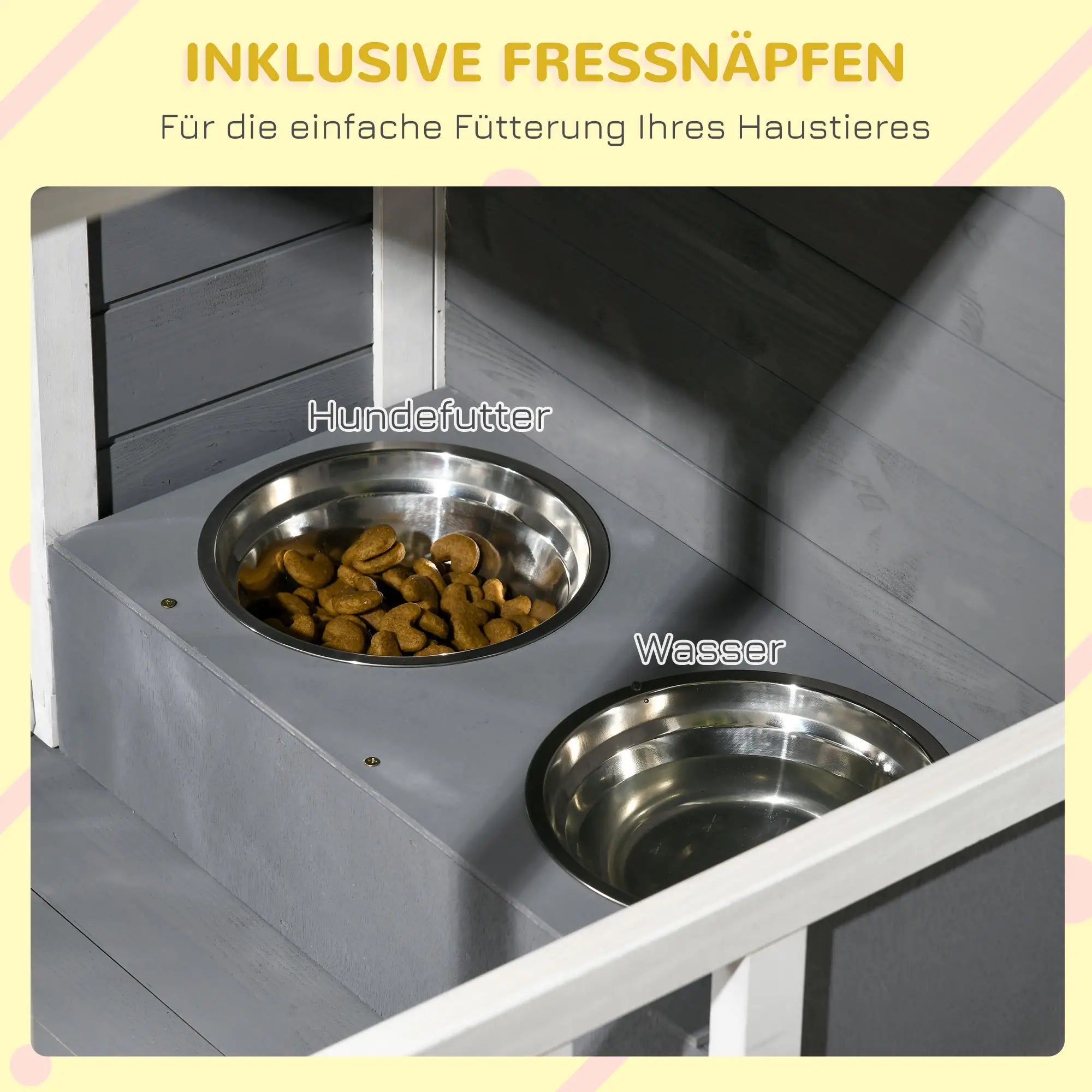 PawHut Hundehütte aus Massivholz, mit 2 Fressnäpfen, Veranda, wetterbeständig, 103 cm x 62 cm x 66 cm, Grau + Weiß