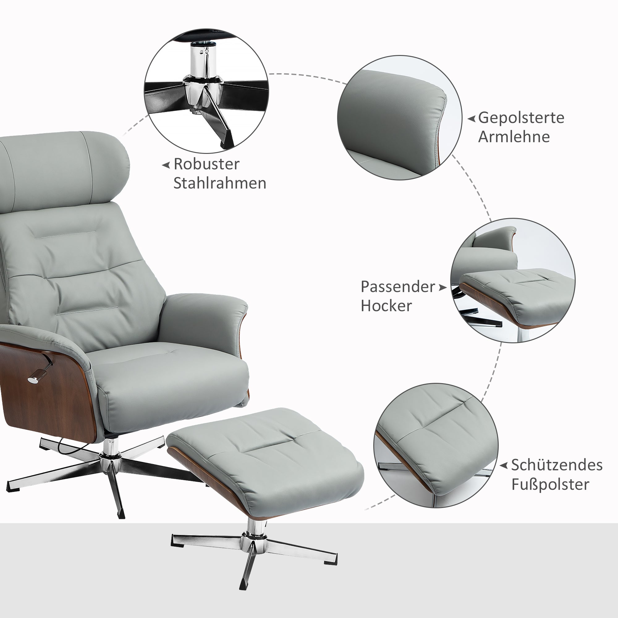 HOMCOM Relaxsessel mit Hocker, Liegefunktion, drehbar, Lederoptik, bis 150 kg, Hellgrau