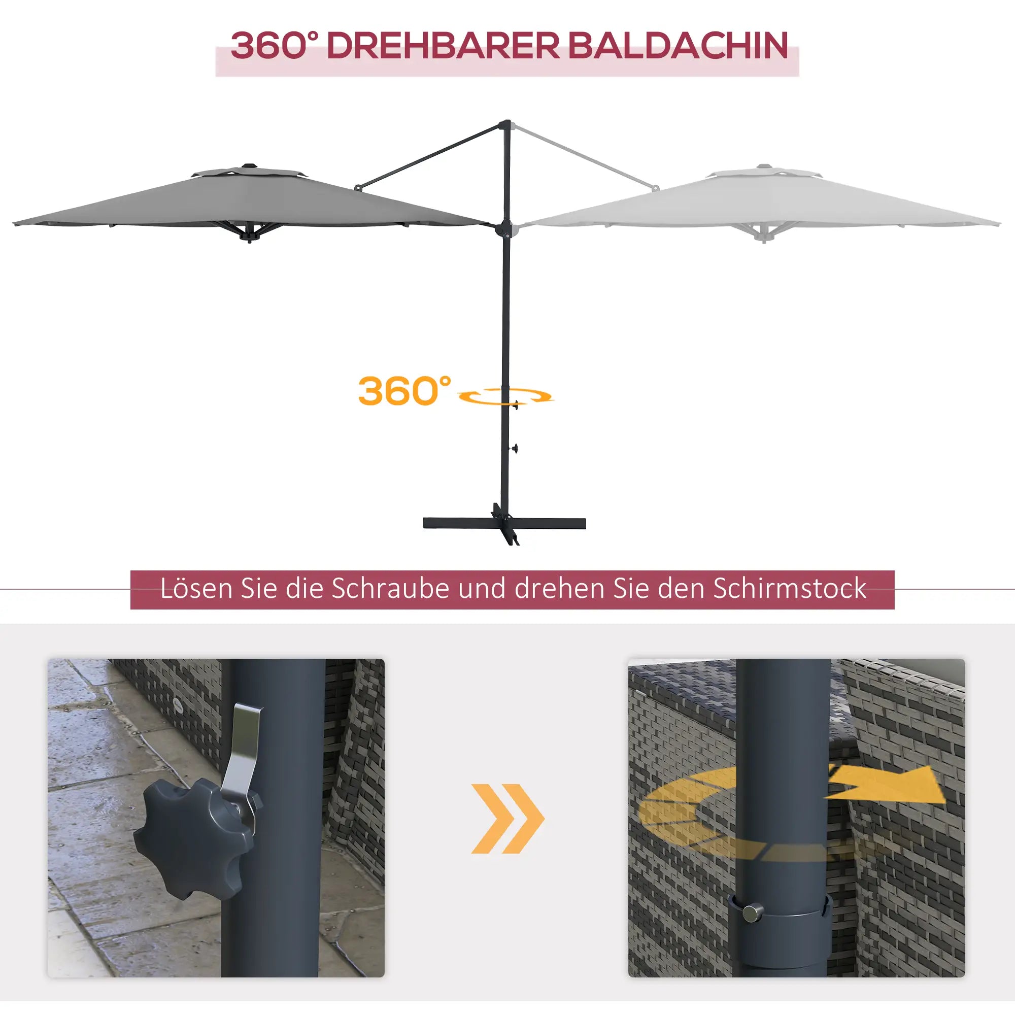 Outsunny Ø3 m Ampelschirm, neigbar, drehbar, Handkurbel, Windhaube, Metallmast, Dunkelgrau