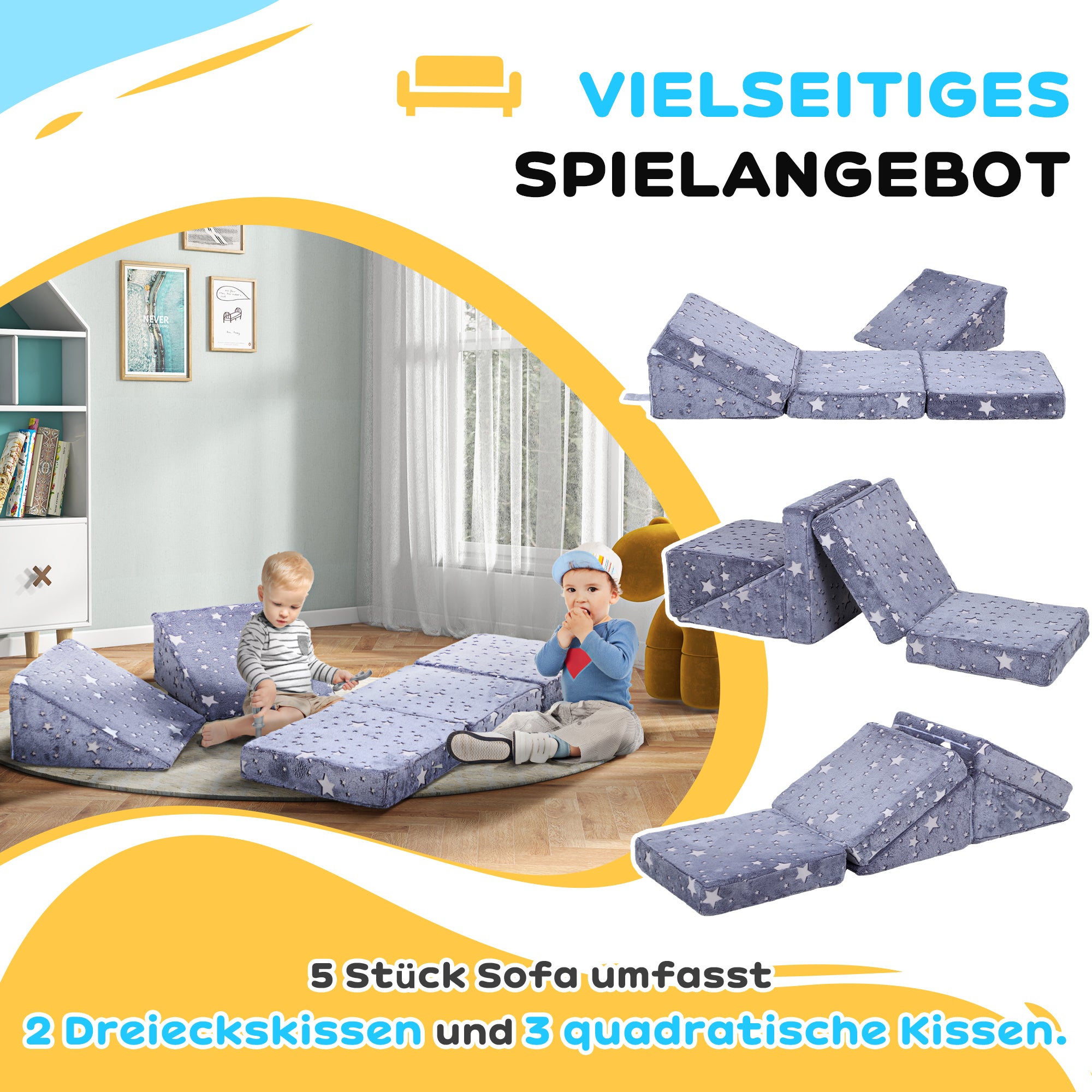 AIYAPLAY Modulares Spielsofa-Set für Kinder, 5-teilig, Treppe, Matratze, Pony- und Sternenmuster, leuchtet im Dunkeln, Grau
