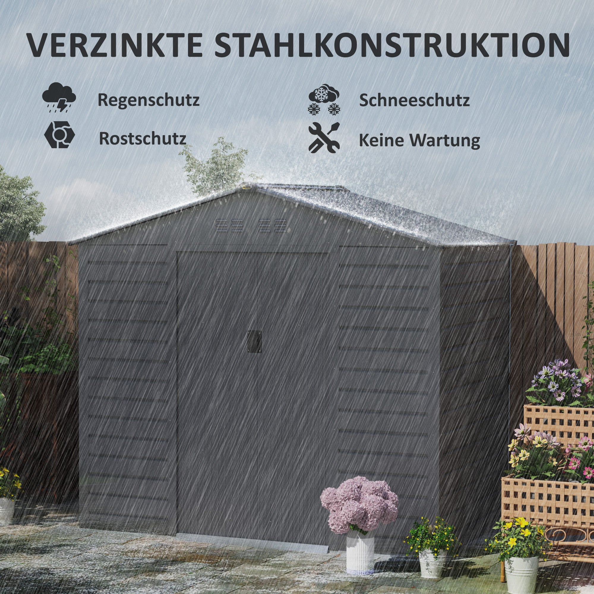Outsunny 2,43 ㎡ Gerätehaus, 213 x 131 x 192 cm Geräteschuppen mit Satteldach, Abschließbare Schiebetür, wetterfest, Grau