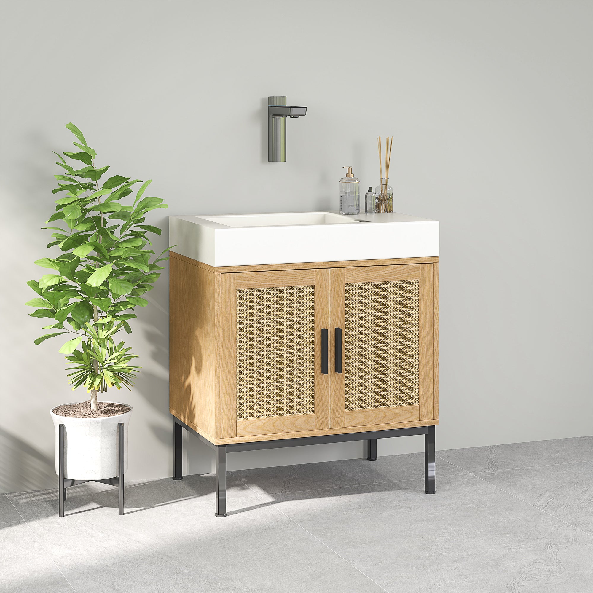 kleankin Badezimmerunterschrank, im Boho-Design, Badezimmerschrank, Rattan-Elemente, mit U-Ausschnitt, Eiche