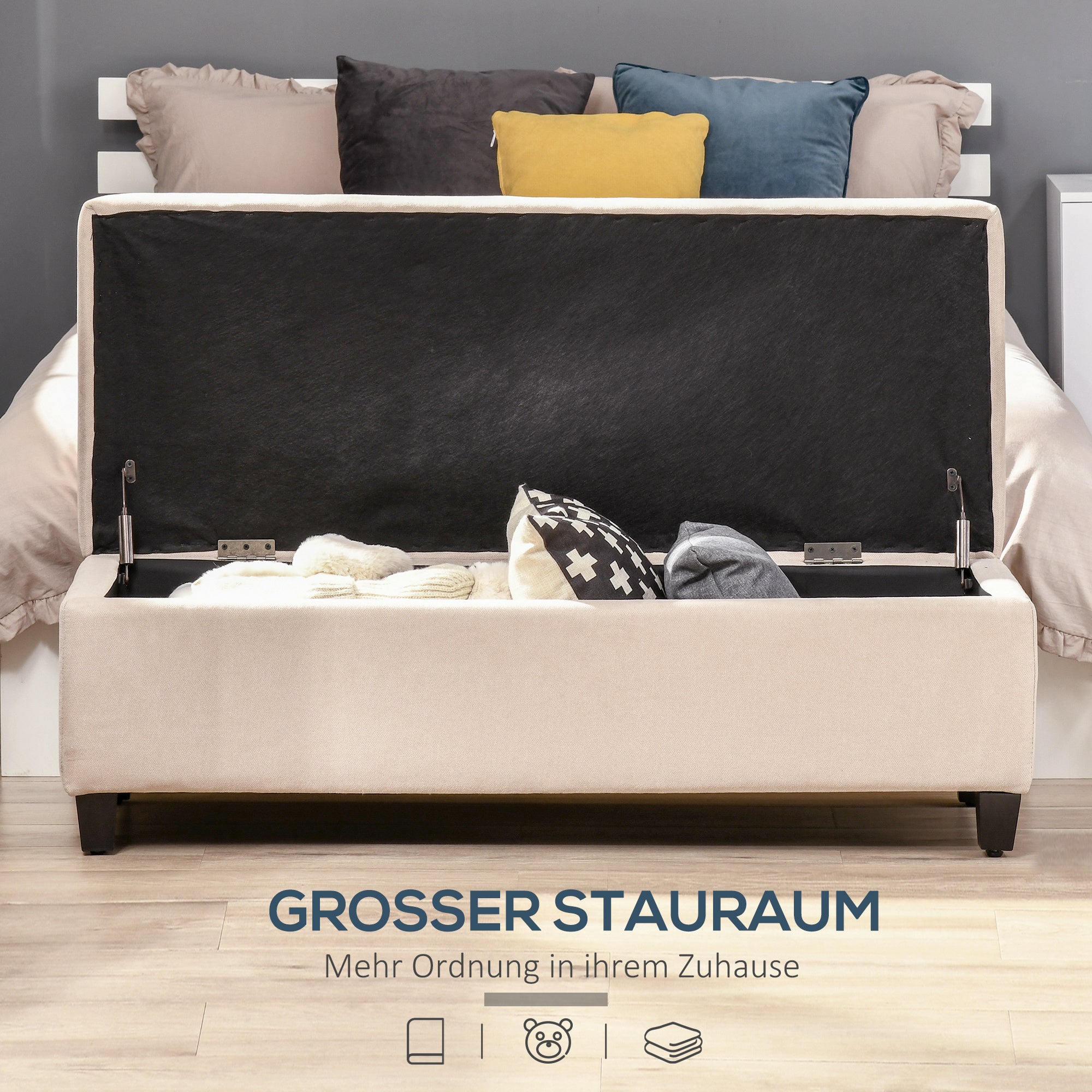 HOMCOM Polsterbank mit Stauraum, Knopfheftung, bis 120 kg, 125 x 49 x 41,5 cm, Beige