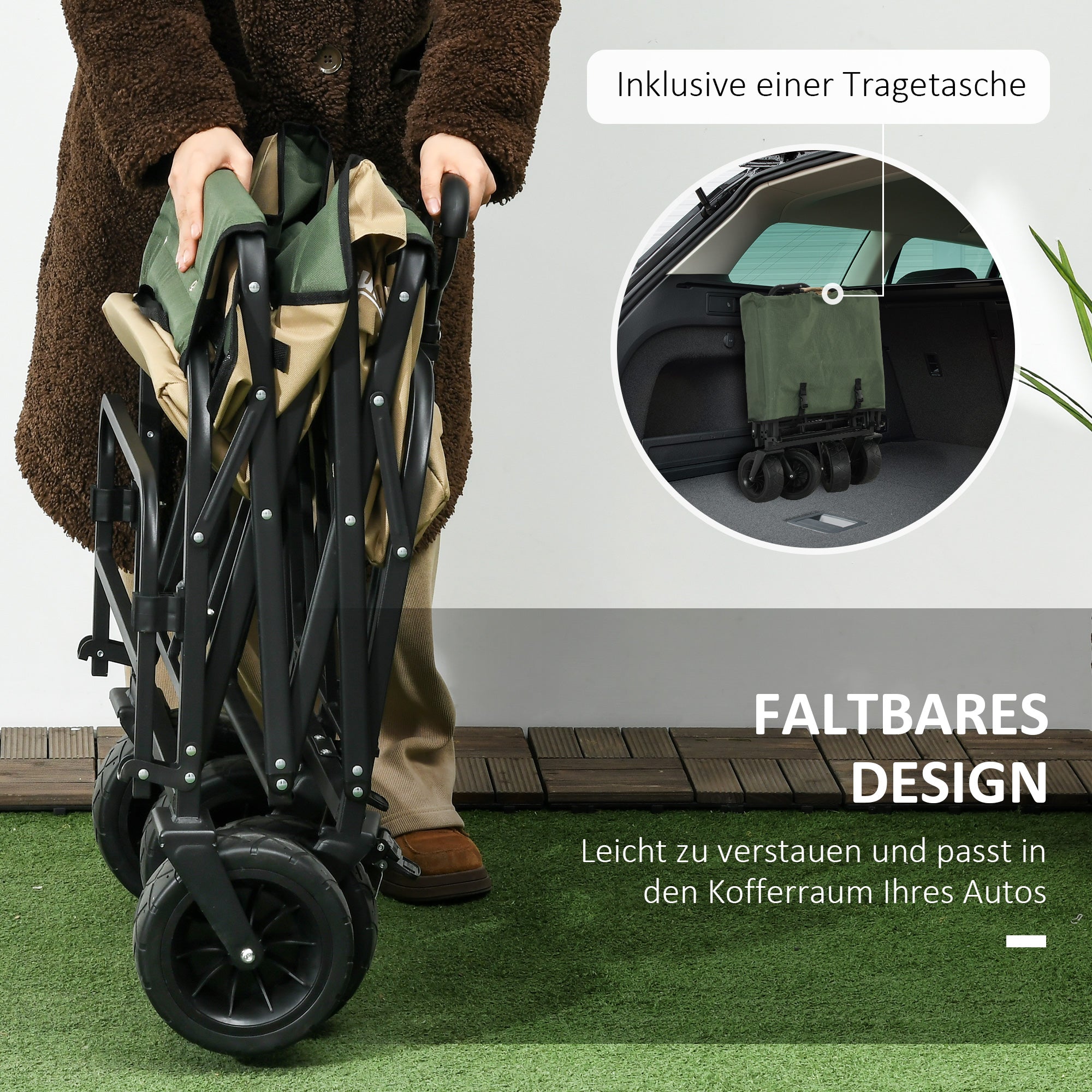 Outsunny Bollerwagen, faltbar, 110 L, bis 100 kg, Teleskopgriff, Stahlrahmen, 94 x 57 x 77-100 cm, Khaki