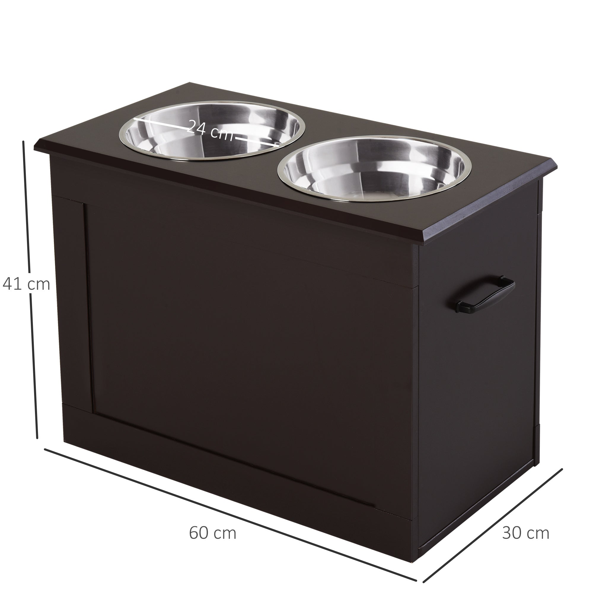 PawHut Futterstation, 2 Fressnäpfe aus Edelstahl, versteckter Stauraum, 60 cm x 30 cm x 41 cm, Schwarz + Silber