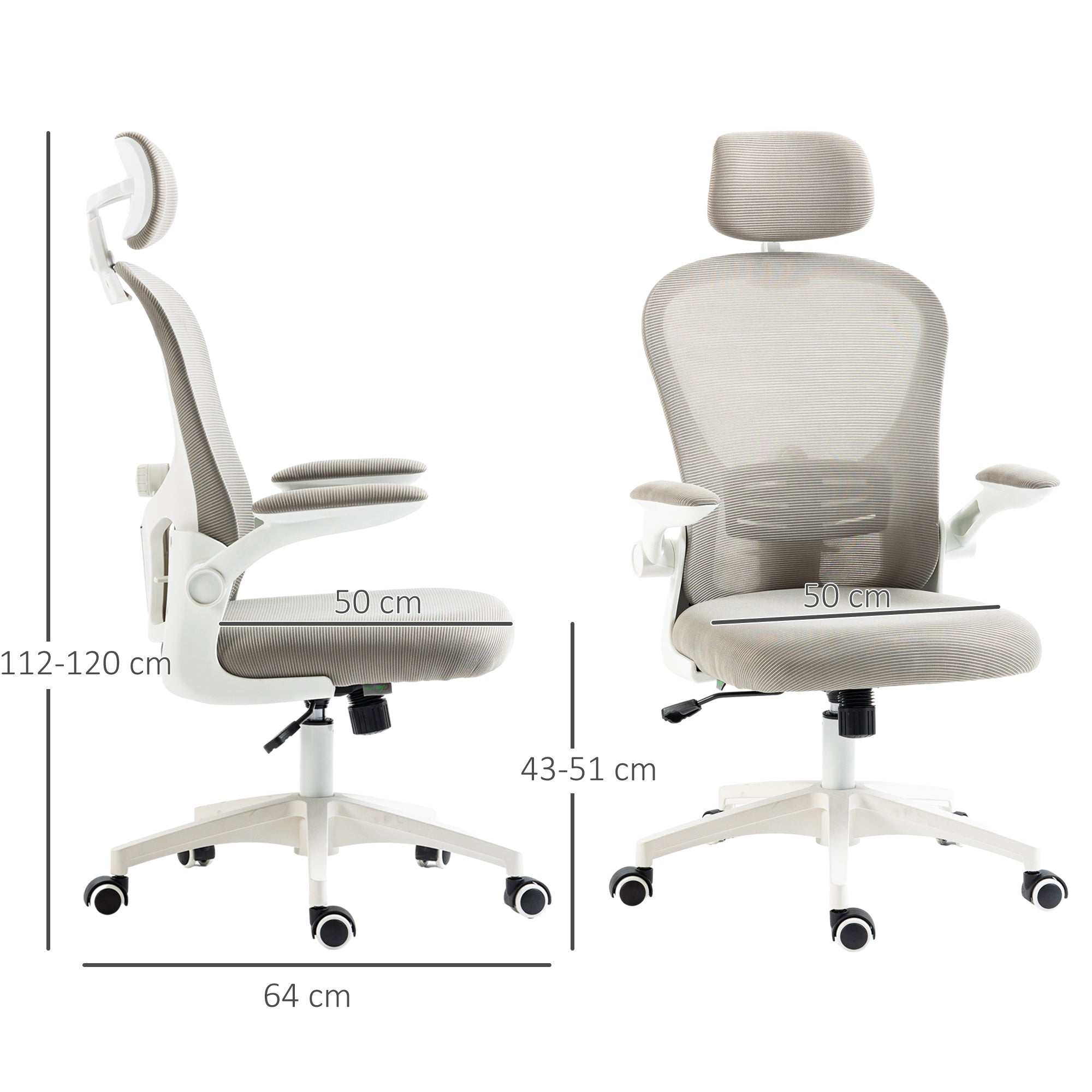 Vinsetto Bürostuhl, drehbares Kopfteil, höhenverstellbar, Nierenpolster, atmungsaktiver Bezug, bis 120kg, Grau
