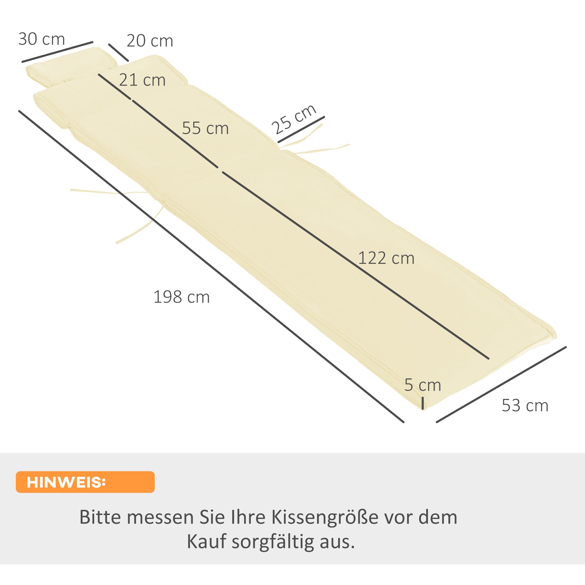 Outsunny Liegenauflage Liegenpolster Gartenliege mit Kopfkissen abnehmbar Bezug Polyester + Baumwollfaser Cremeweiß 198 x 53 x 5 cm