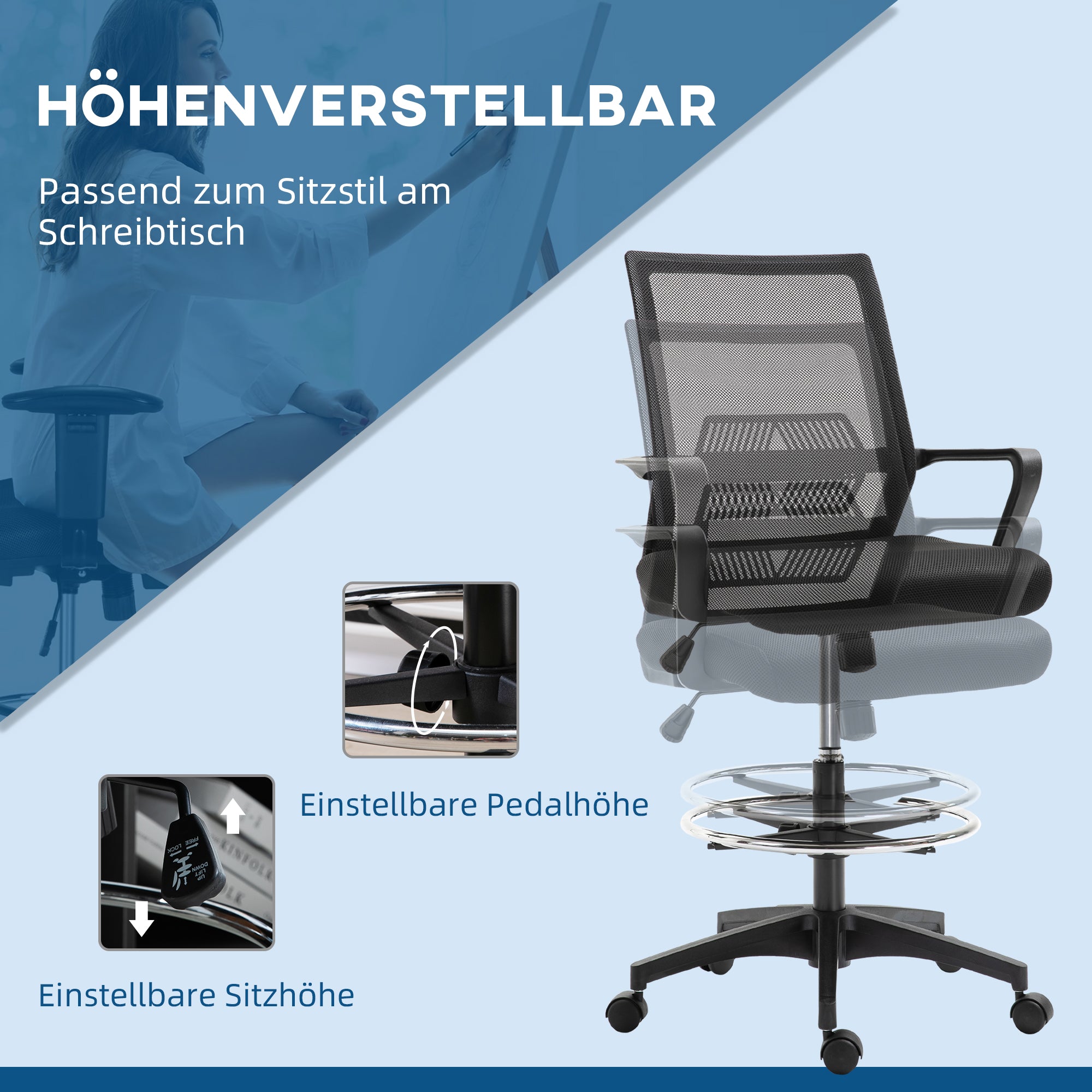 Vinsetto Bürostuhl, Höhenverstellbarer Schreibtischstuhl mit Fußablage, Netz-Rückenlehne, rollbar, Kunststoff, Schwarz