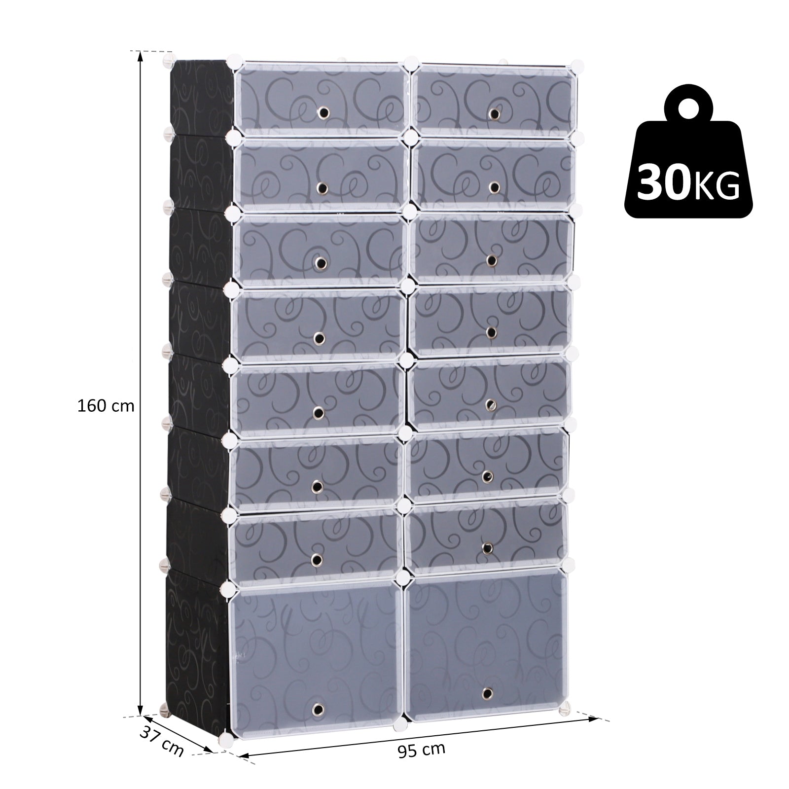 HOMCOM Schuhboxen 16er Set Schuhkarton stapelbar Schuhorganizer Schuhaufbewahrung Aufbewahrungsboxen Regalsystem mit Tür, Schwarz + Weiß