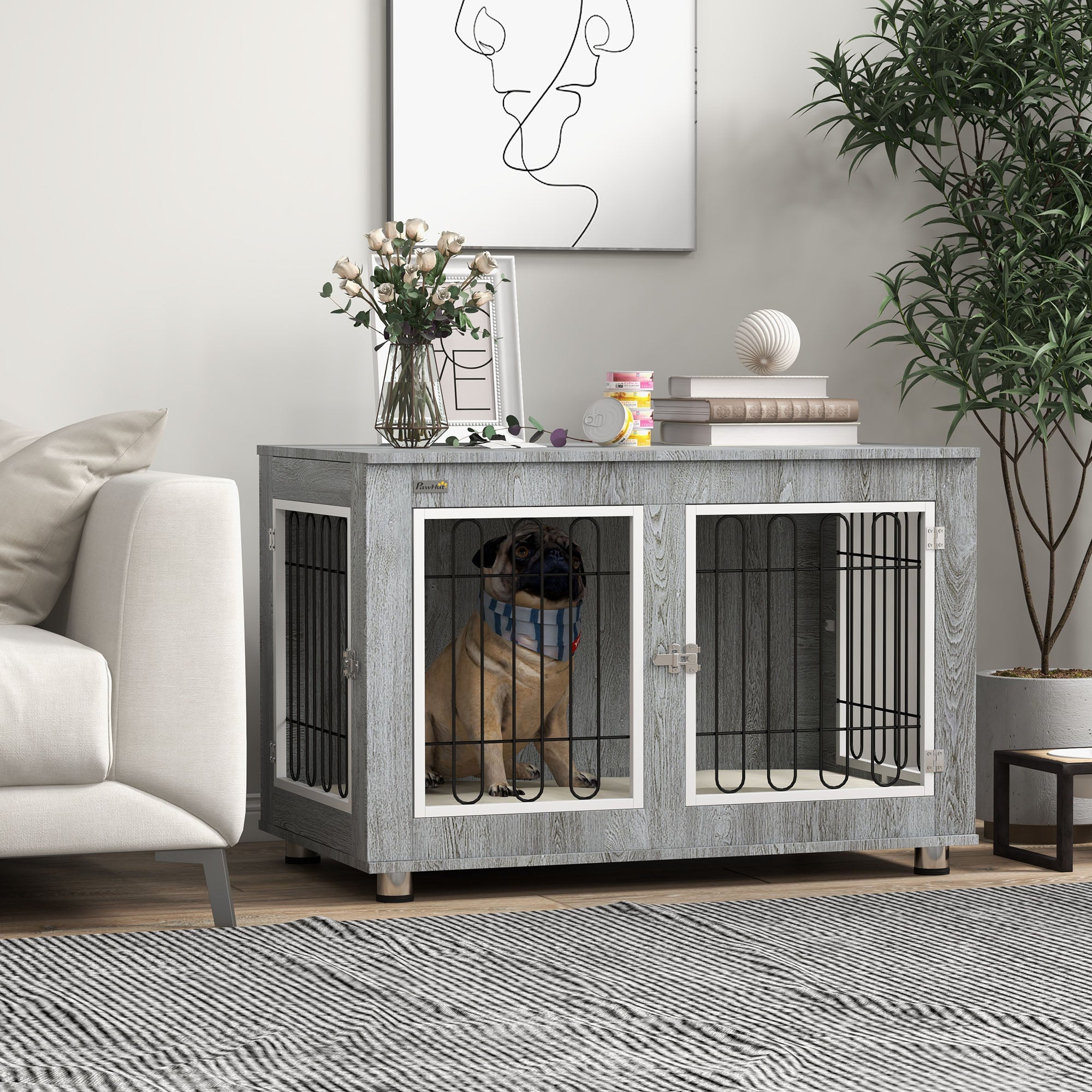 PawHut Hundekäfig Hundebox waschbares Polster, 2 Verriegelungen, 90 cm x 58 cm x 65 cm, Grau