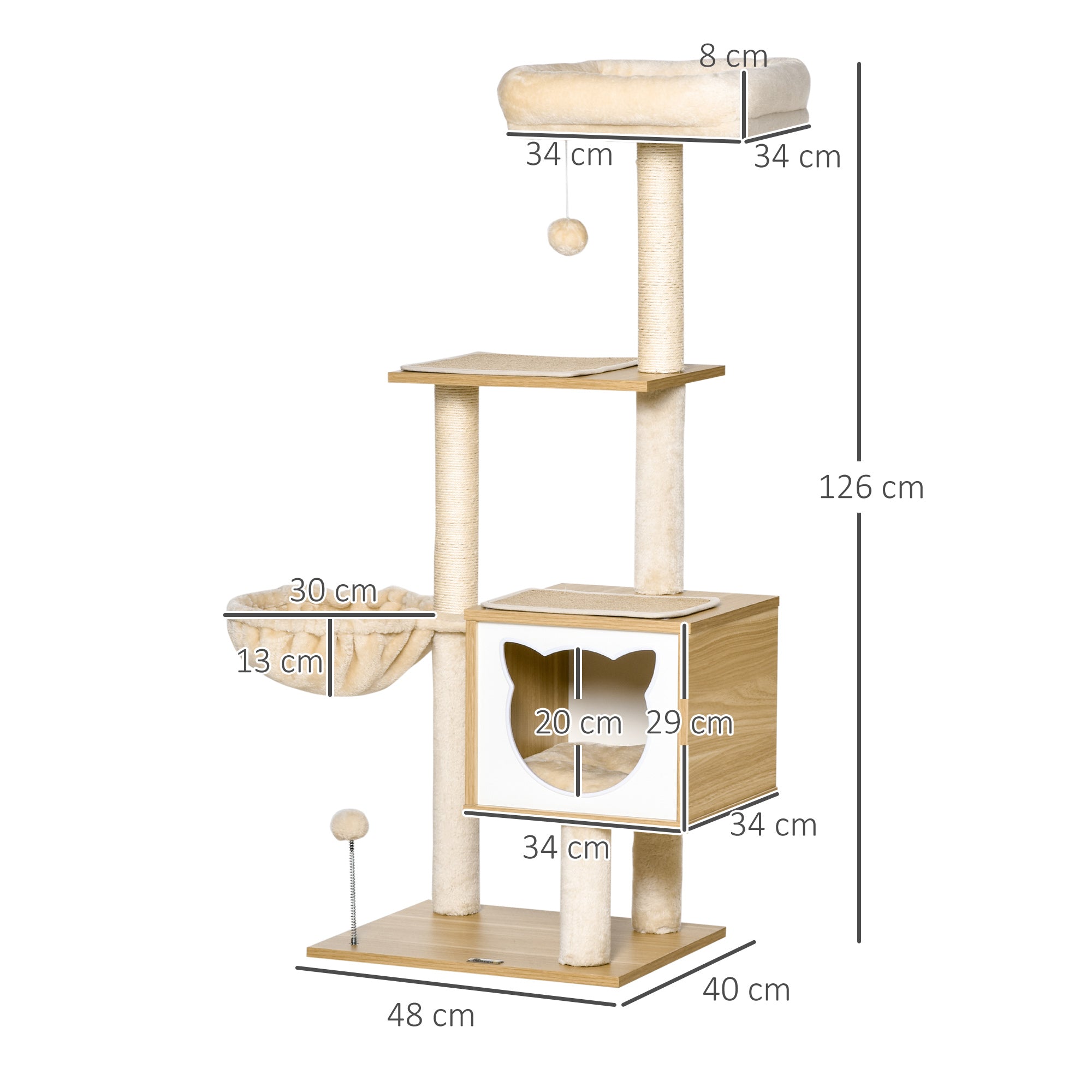 PawHut Kratzbaum Katzenbaum mit Katzenhöhle Plattform Höhe 126 cm Kletterbaum aus Holz Katzenkratzbaum Spanplatte Sisal Kurzplüsch Beige 48 x 40 x 126 cm