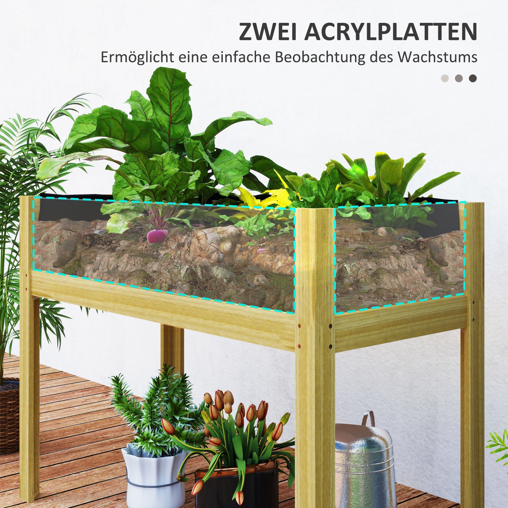 Outsunny Hochbeet, Holz-Pflanzbox mit Acrylplatten an zwei Seiten, für 118 L Erde, Wasserabflusslöcher, 110 x 50 x 80 cm