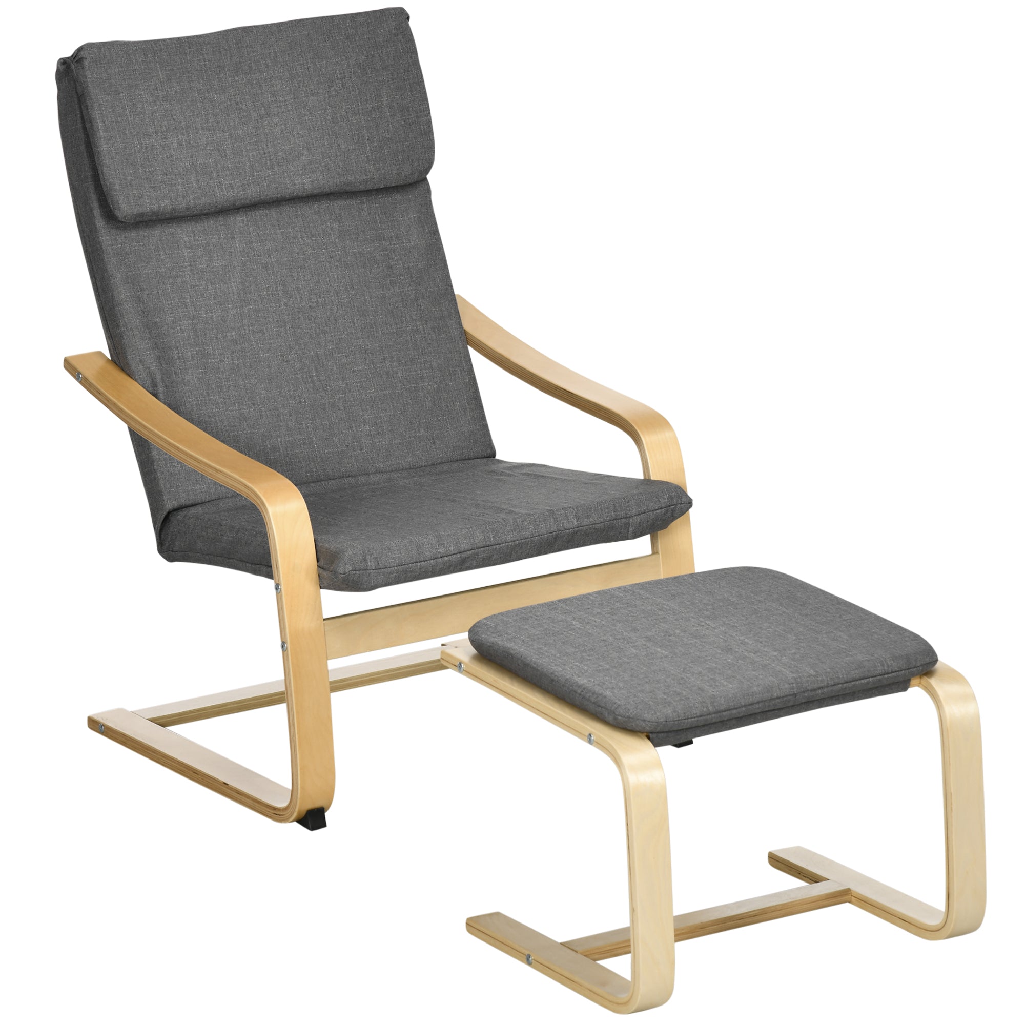 HOMCOM Sessel mit Fußhocker, Sessel-Set, bis 120 kg, Leinenoptik, Massivholz, Grau + Natur, 66,5 x 80 x 99 cm