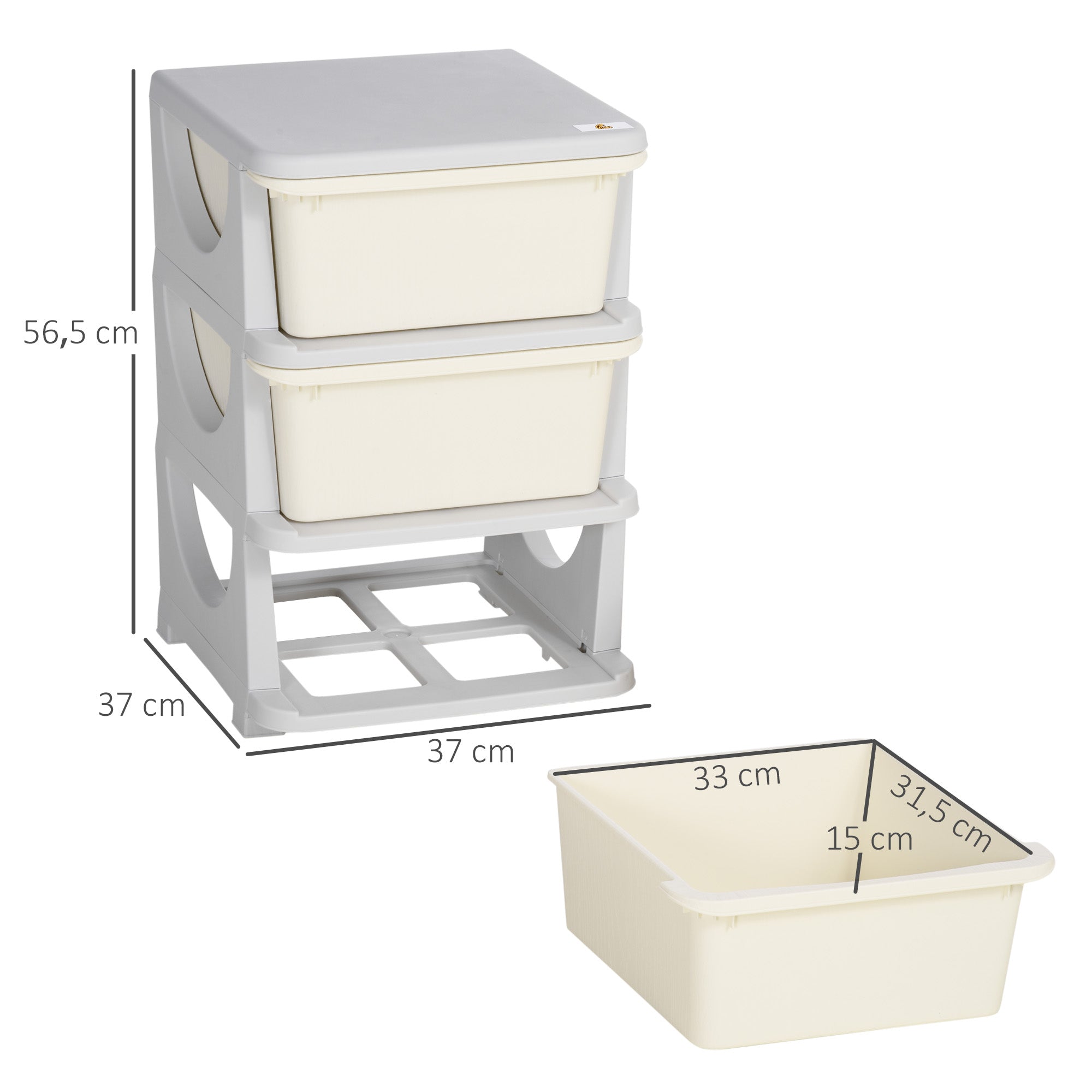 HOMCOM Aufbewahrungsboxen für Kinder, 3 große Schubladen, runde Kanten, Kunststoff, 37x37x56,5 cm, Cremeweiß