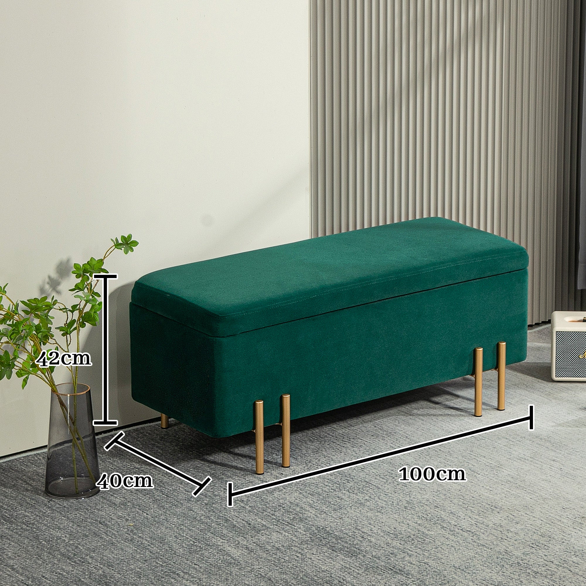 HOMCOM Sitzbank, Polsterbank mit Stauraum, Metall, Kautschukholz, Schaumstoff, 100 x 40 x 42 cm, Grün