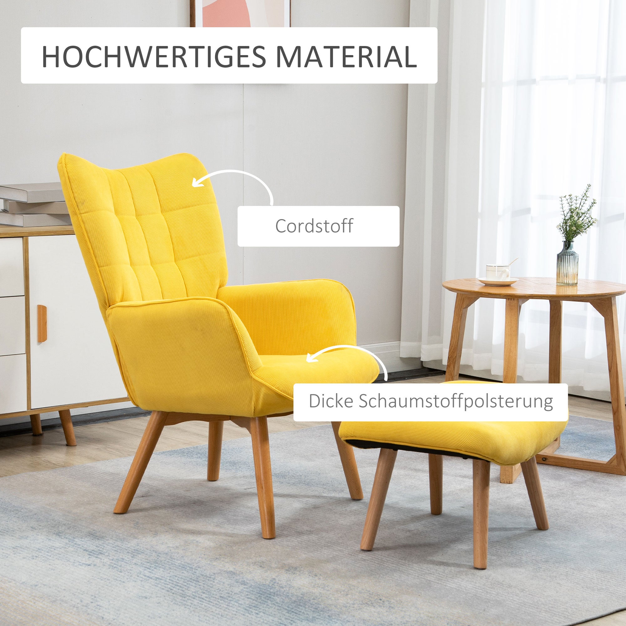 HOMCOM Akzentsessel mit Hocker, Relaxsessel in Cord-Optik, Armlehnstuhl mit Holzbeinen, für Wohnzimmer, Gelb