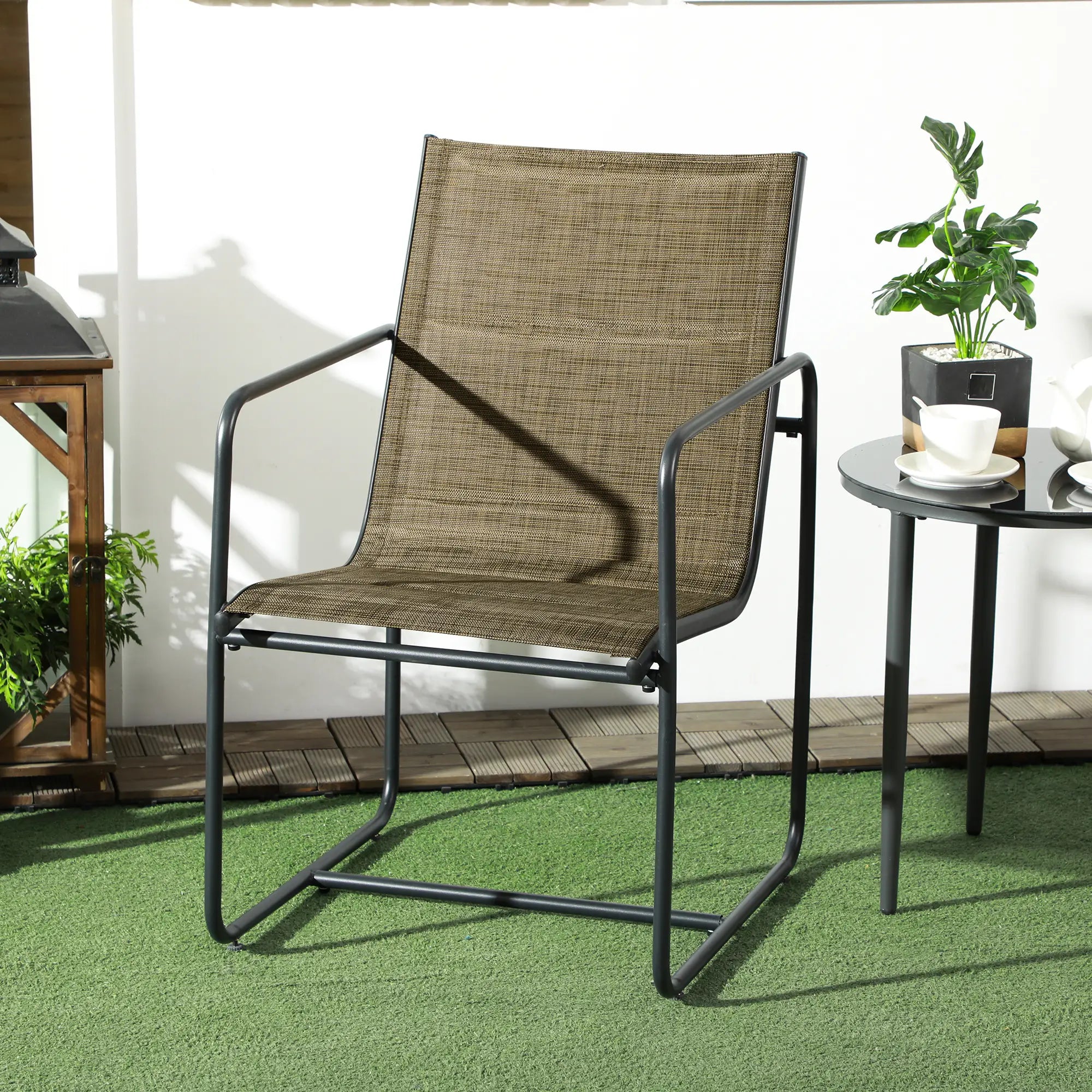 Outsunny Gartenstuhl, 2er-Set, atmungsaktiver Bezug, robuster Metallrahmen, 54x66,5x88cm, Schwarz/Braun