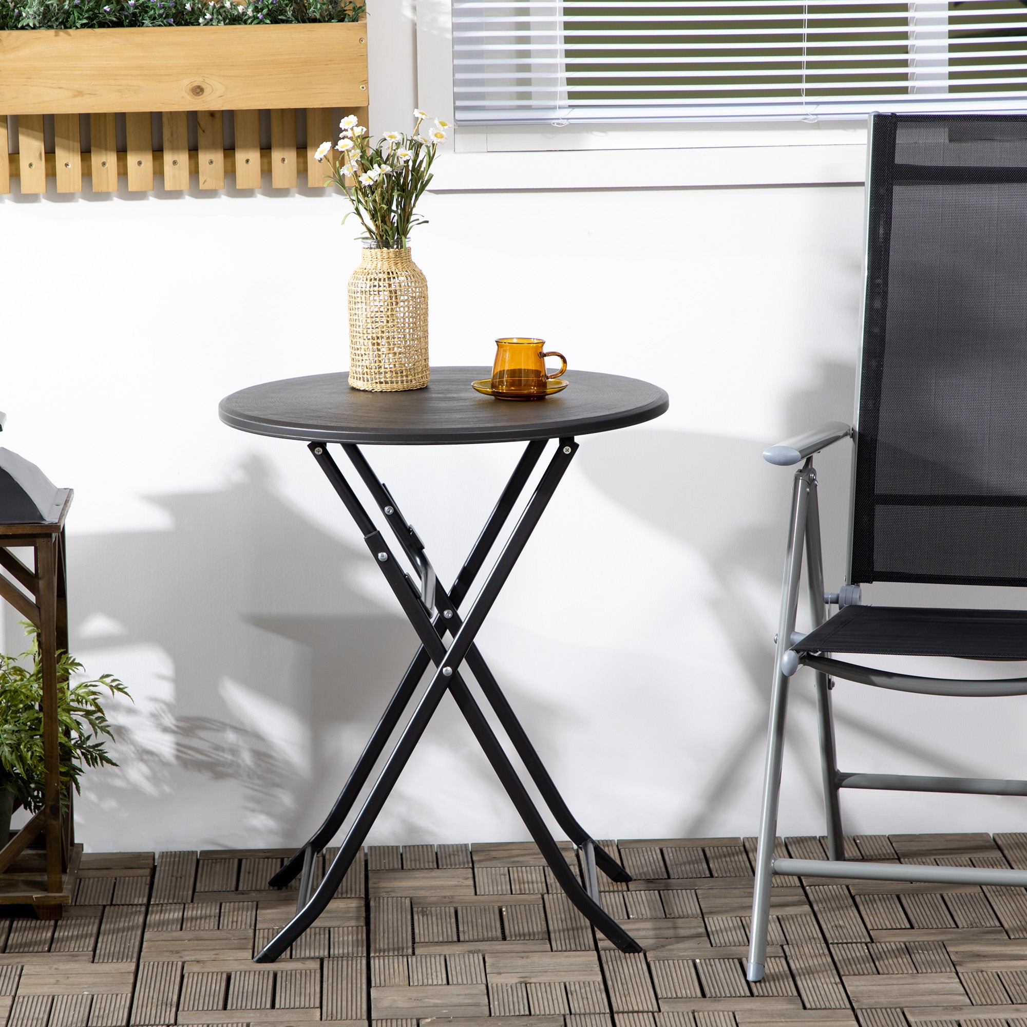 Outsunny Gartentisch, rund, klappbar, für 2 Personen, Holzoptik, Stahl+Kunststoff, dunkelgrau, 60 x 60 x 73 cm