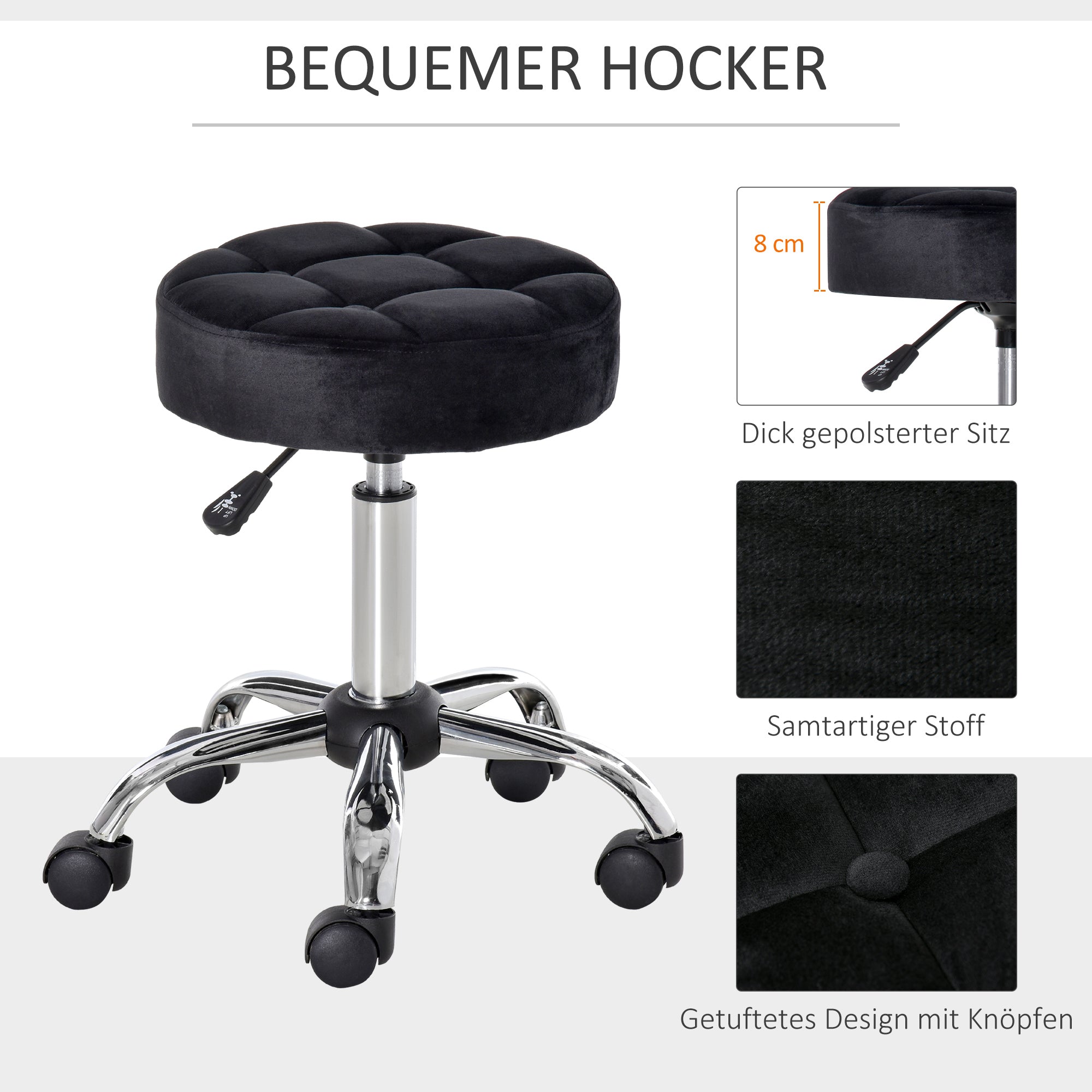 HOMCOM Salonhocker, höhenverstellbar, Bezug in Samtoptik, Ø35 x 49-61 cm, Schwarz