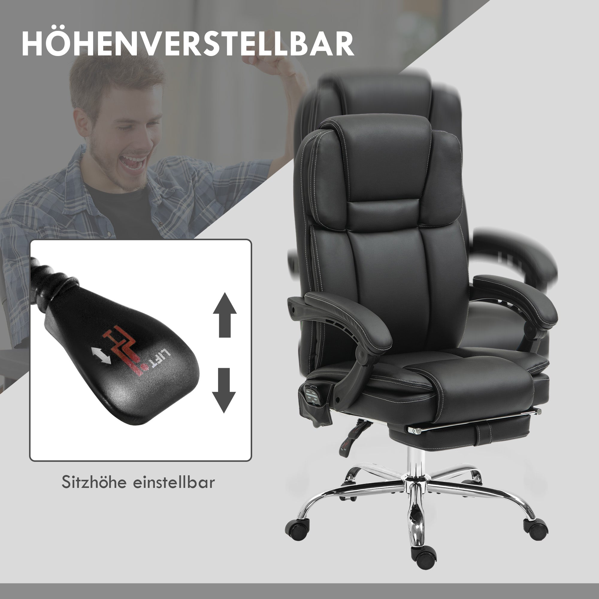 Vinsetto Verstellbarer Bürostuhl mit 6 Massagepunkten, Wärmefunktion, Fußstütze, Kunstleder, Schwarz