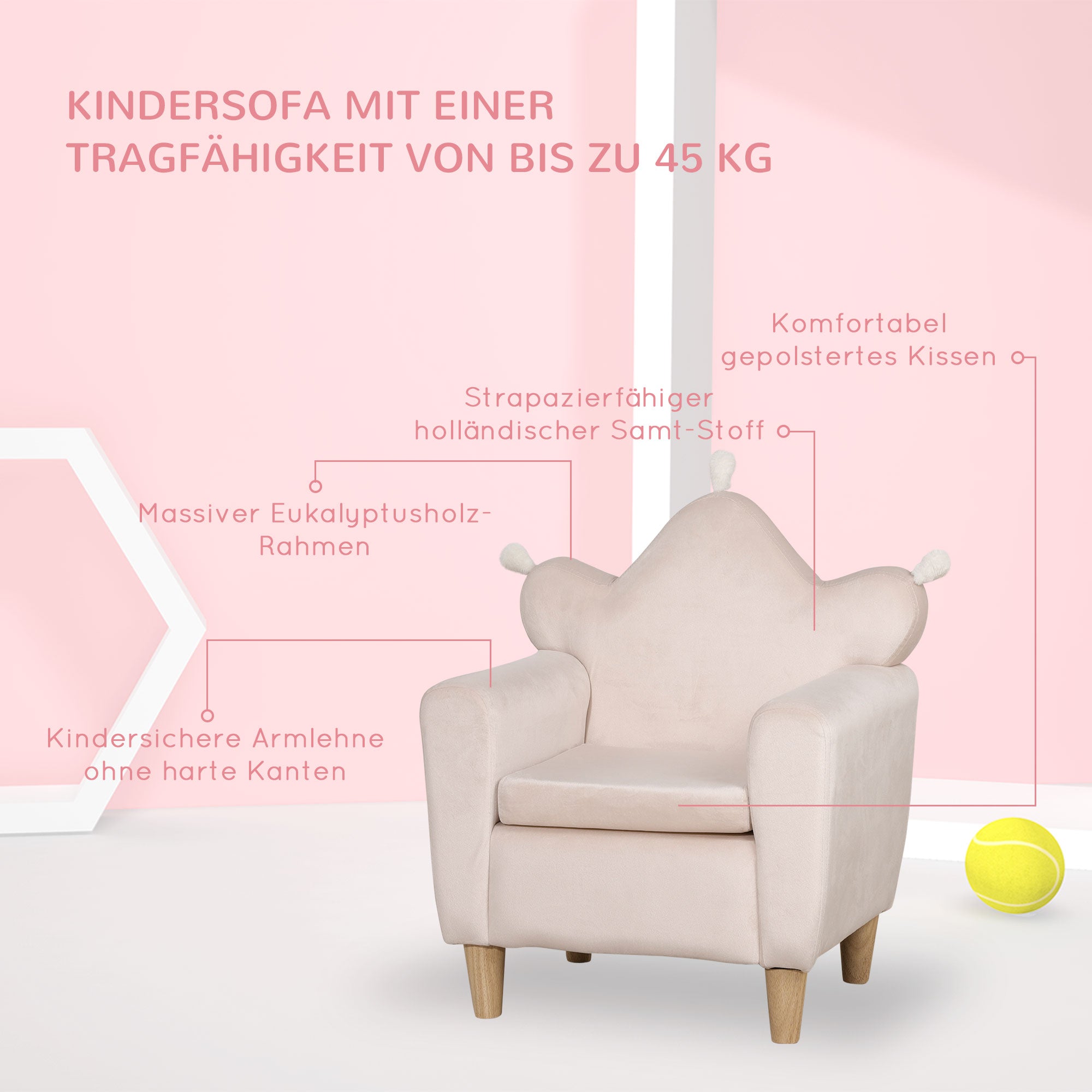 HOMCOM Kindersessel für Kinder 3-5 Jahre, weicher Stoffbezug, Rahmen aus Eukalyptusholz, 50 x 42 x 58cm, hellrosa